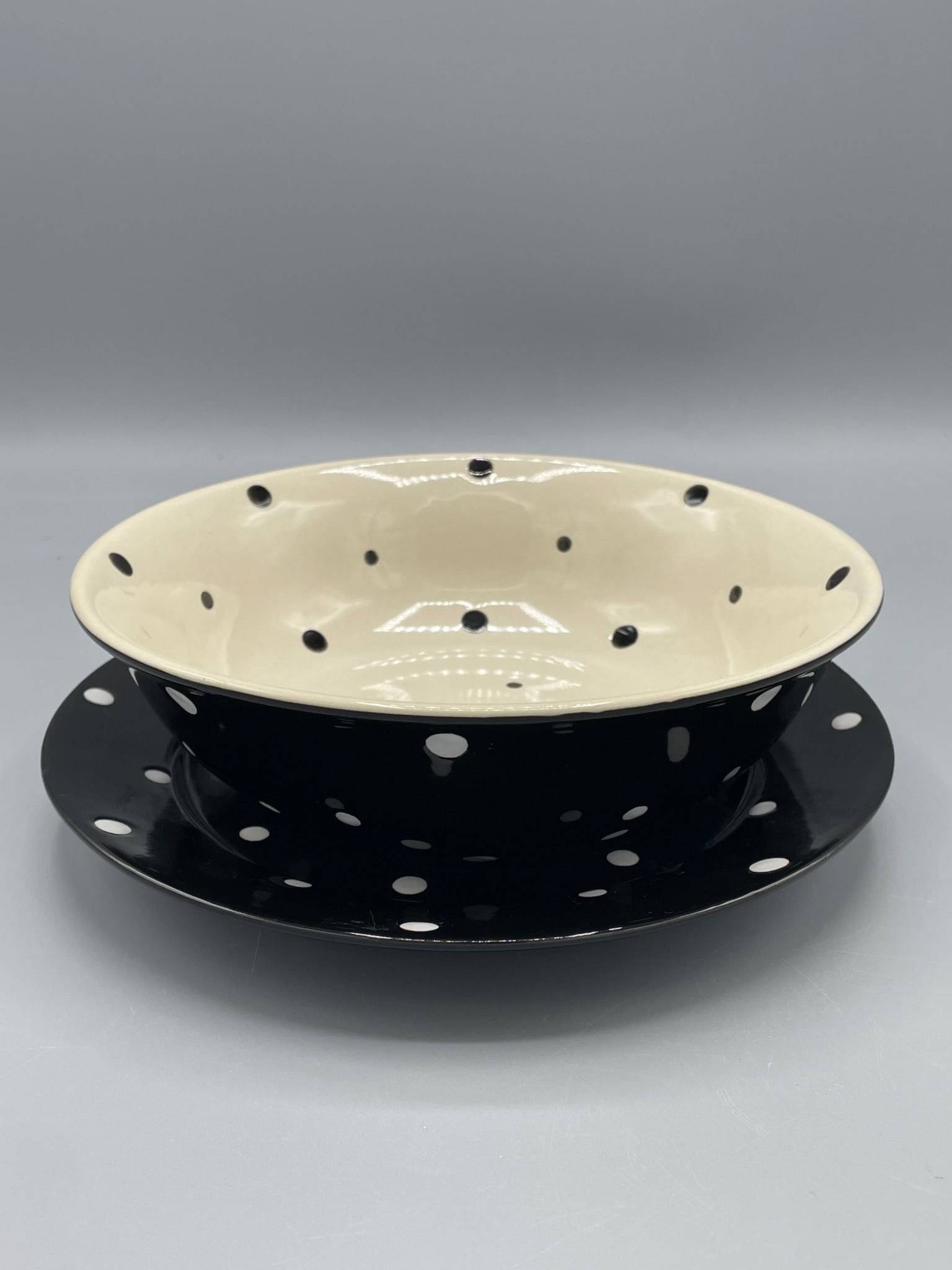 Temp-Tations Presentable Ovenware Polka-Dot Bowl and Plate Set: Two Temp-Tations Presentable Ovenware pieces featuring a black and white polka-dot design. Includes one bowl (7.5-inch diameter) and one plate (8-inch diameter). Both are oven, microwave, and