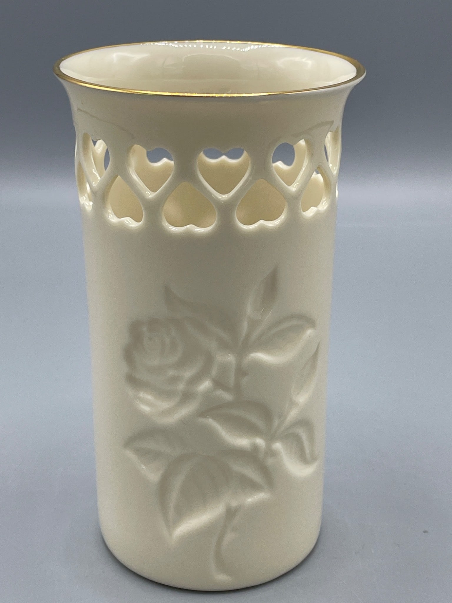 Lenox Ivory Vase With Heart Cutwork and Embossed Rose Design, Gold Trim (1 of 6)