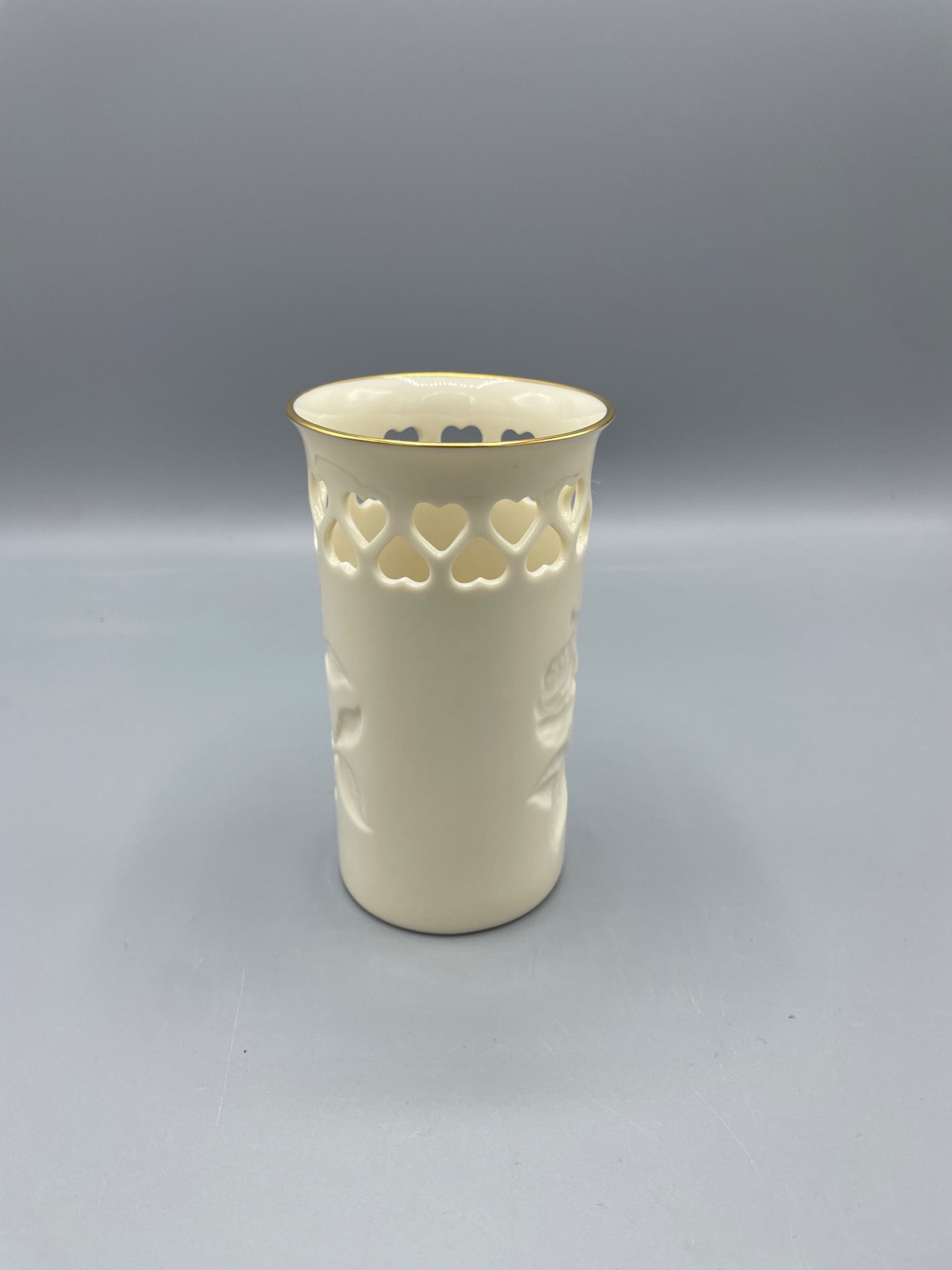 Lenox Ivory Vase With Heart Cutwork and Embossed Rose Design, Gold Trim - 3