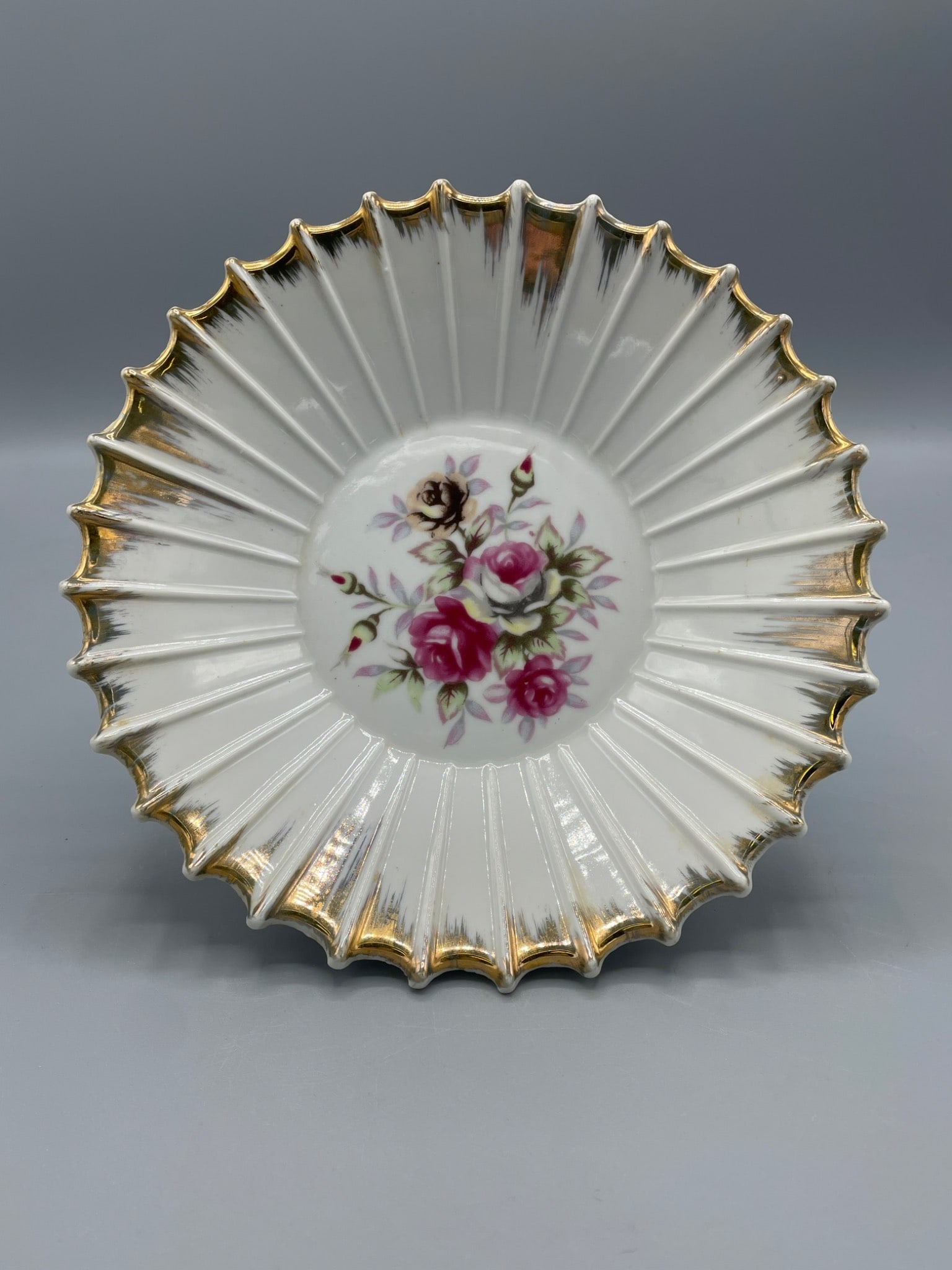 Porcelain Pedestal Cake Stand with Floral Design and Gold Trim, Model E-3012 - 2