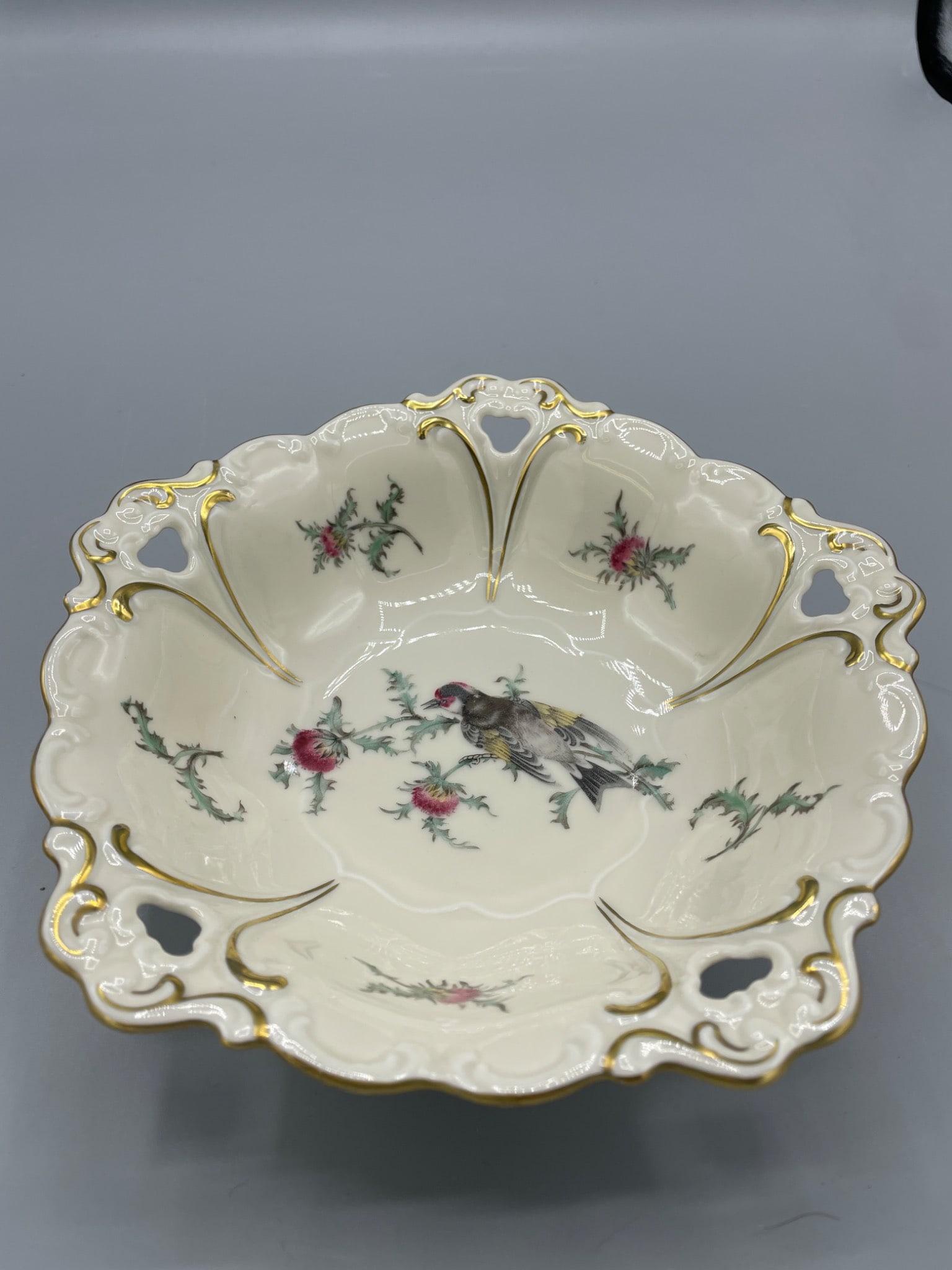 Elbthal Bavaria Porcelain Decorative Bowl, Gold Trim, Model 1463 33: Decorative porcelain bowl by Elbthal Bavaria, marked 'Qualitats Porzellan W. Germany' on the base, featuring floral and bird motifs with scalloped edges and gold trim. Model number 1463 33 is stamped 