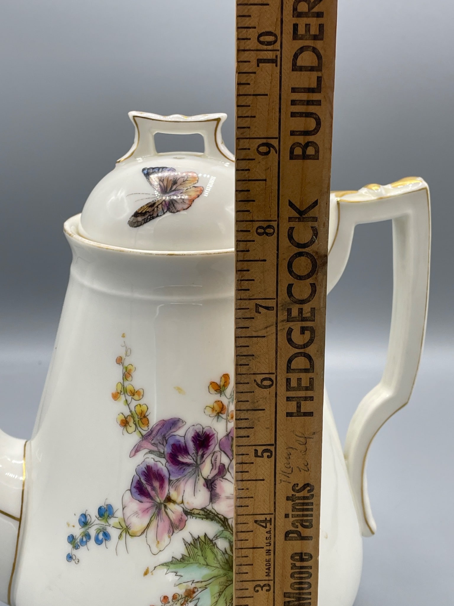 Porcelain Teapot with Floral and Butterfly Design, Approx. 9 Inches Tall - 5