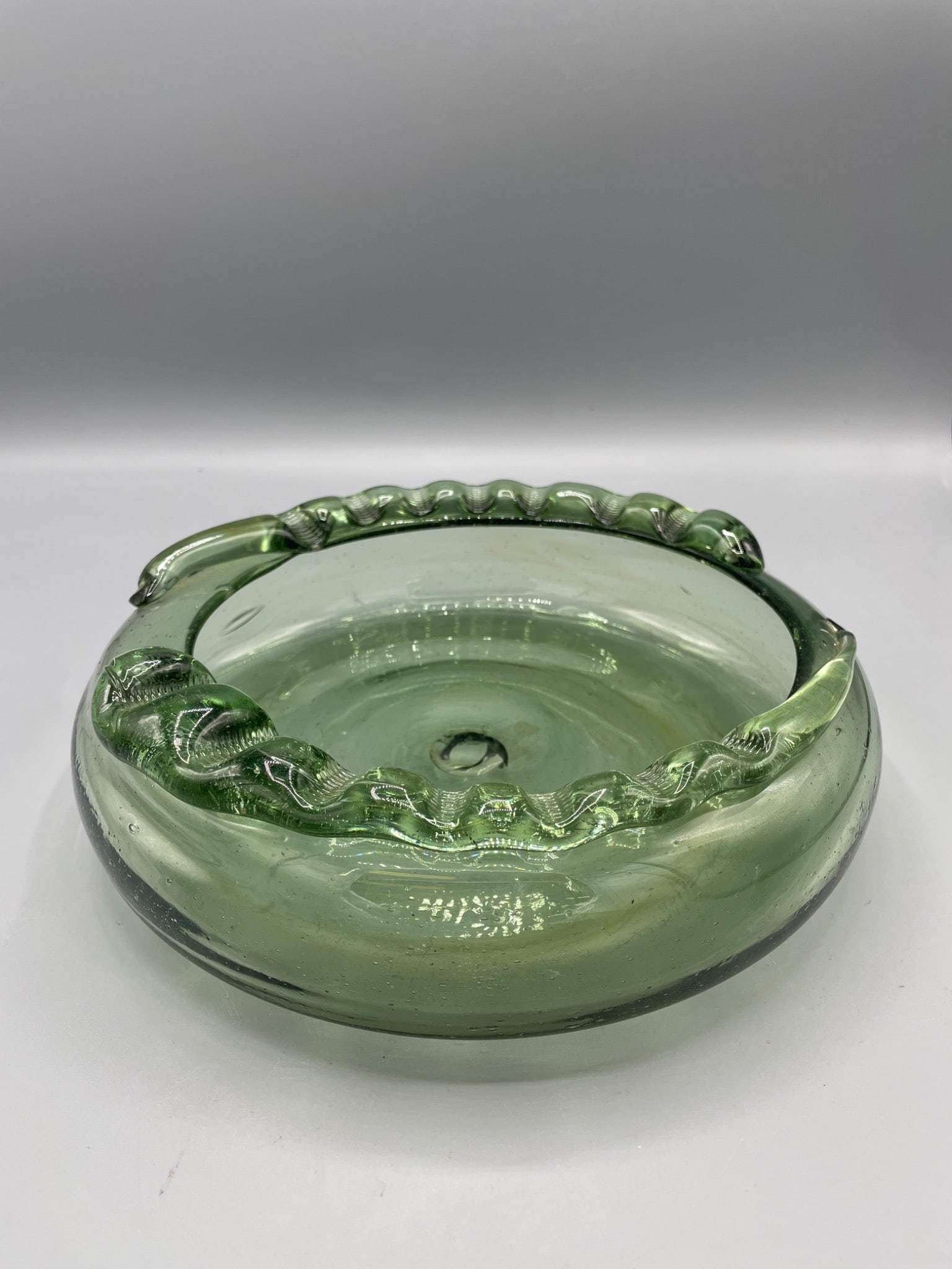 Hand-Blown Glass Bowl with Raised Decorative Rim, Green Hue - 2