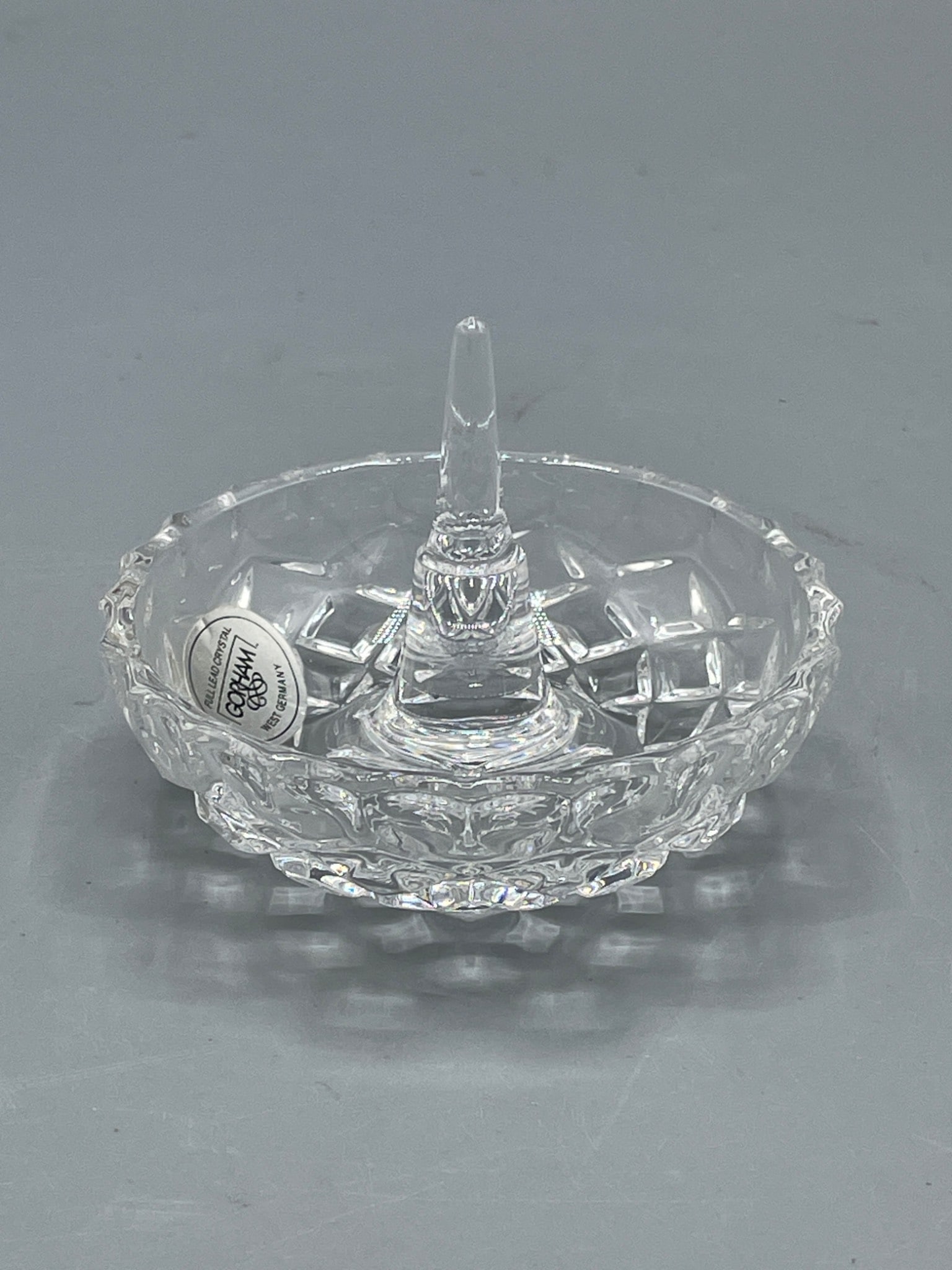 Gorham Full Lead Crystal Ring Holder, Made in West Germany: This is a Gorham Full Lead Crystal ring holder, featuring a clear glass design with intricate etched details. The label indicates manufacture in West Germany, and the piece measures approximately 3