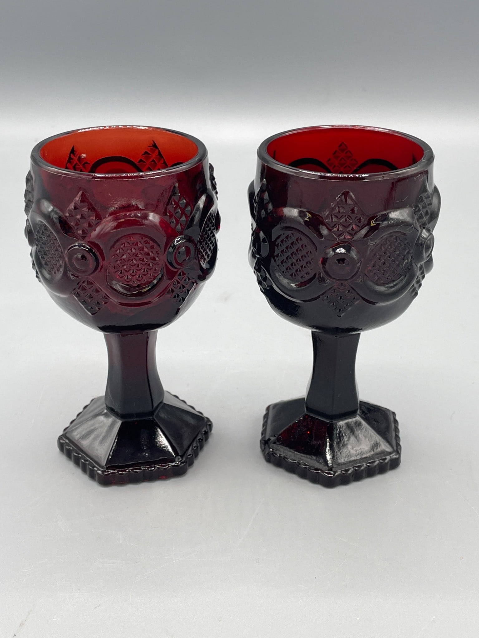 Two Avon Ruby Red Glass Goblets With Hexagonal Bases, Model No. 10 (1 of 6)