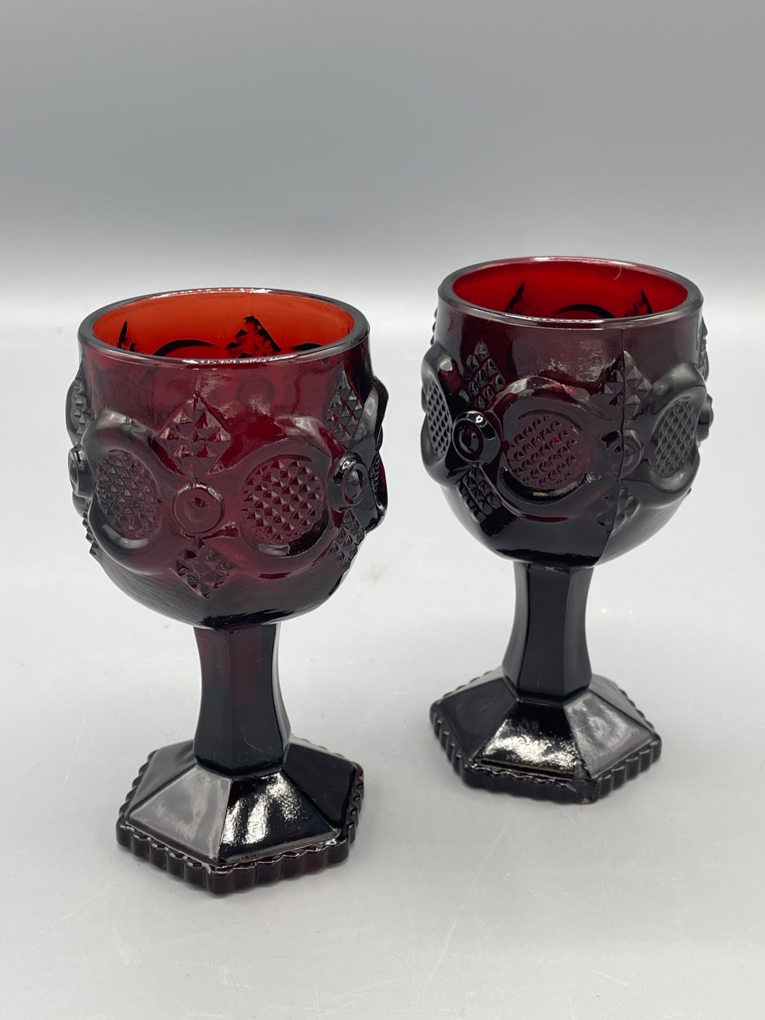 Two Avon Ruby Red Glass Goblets With Hexagonal Bases, Model No. 10 - 2