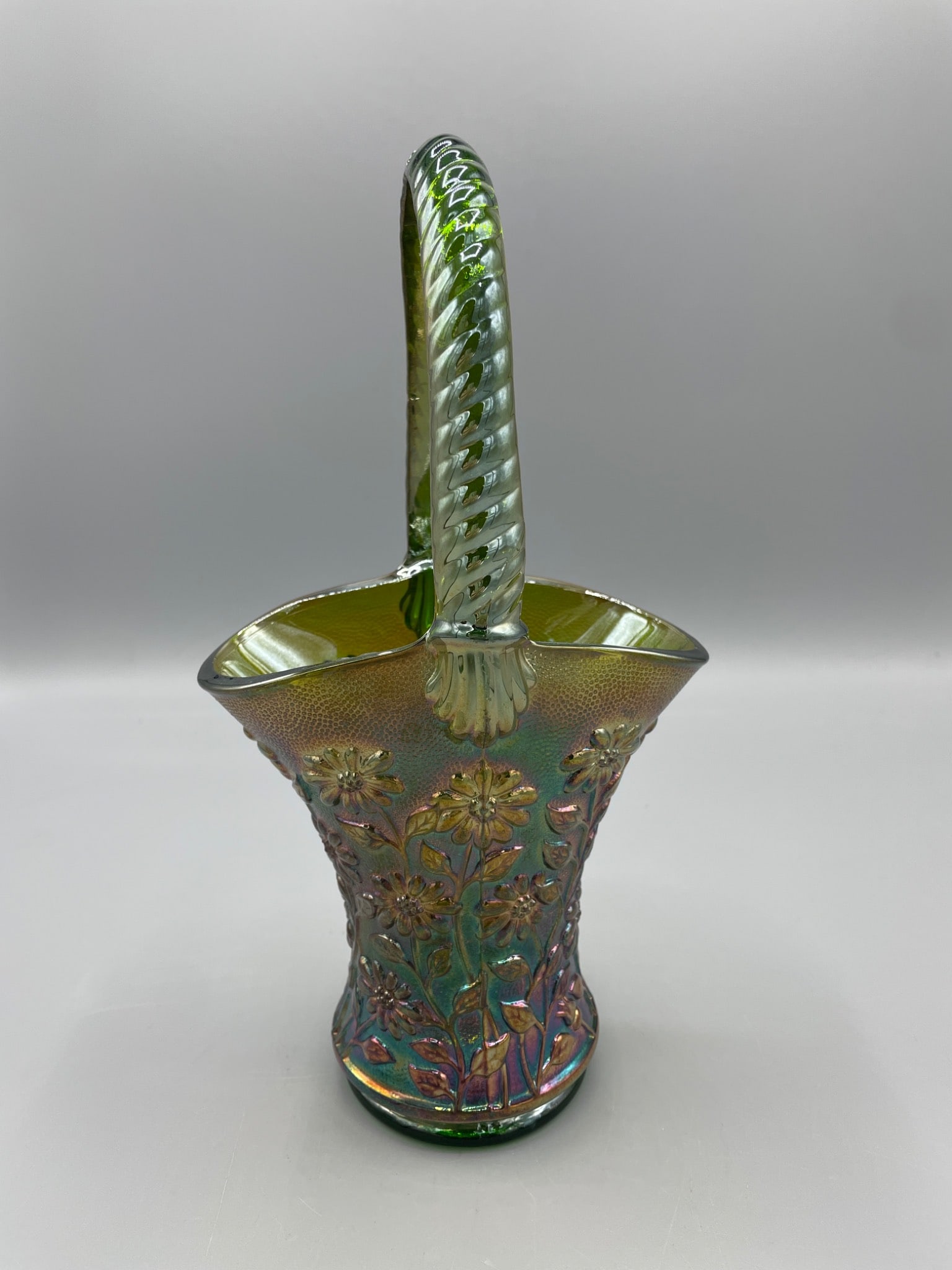 Green Iridescent Glass Basket With Twisted Handle and Floral Design - 2