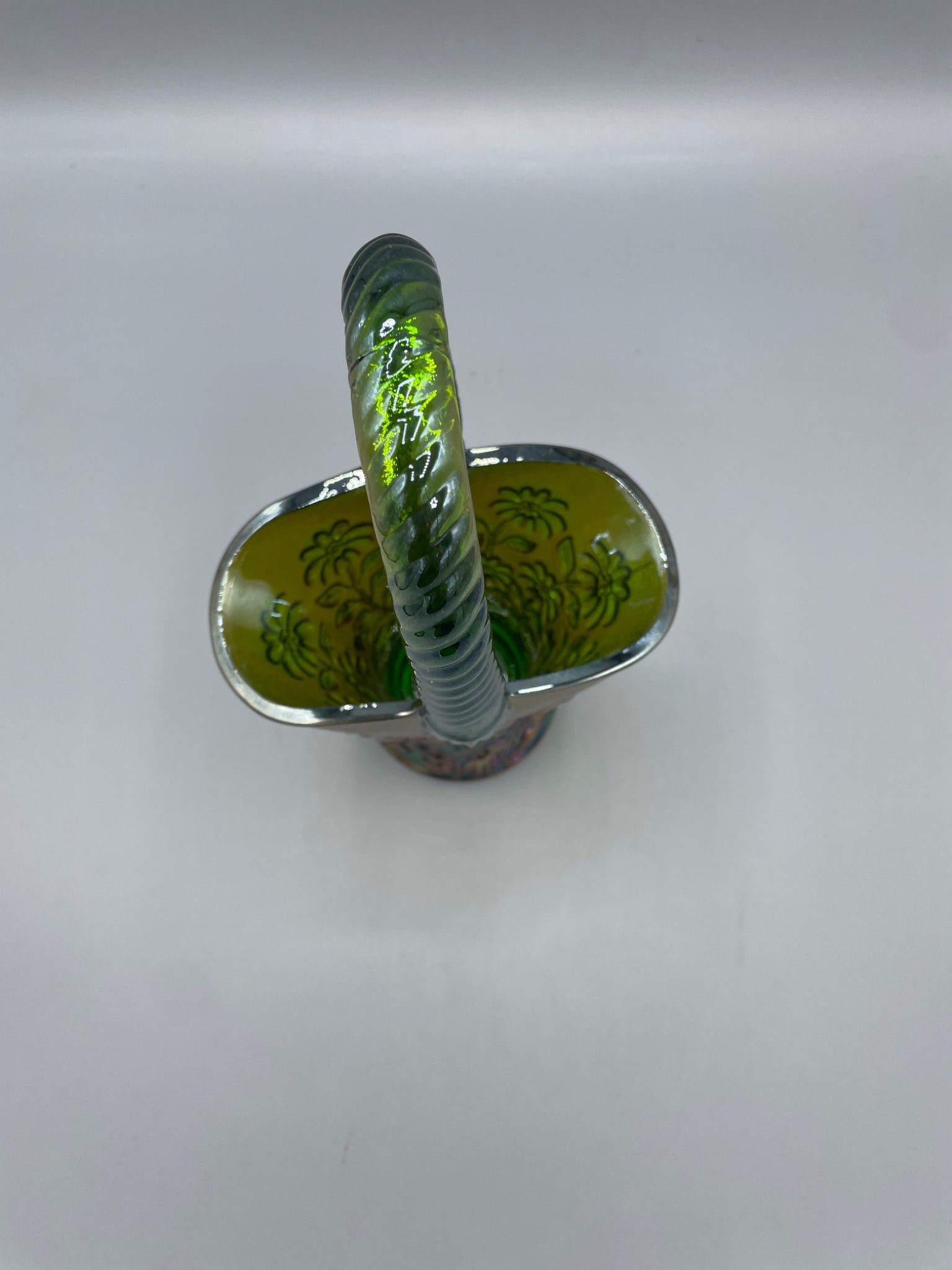 Green Iridescent Glass Basket With Twisted Handle and Floral Design - 3