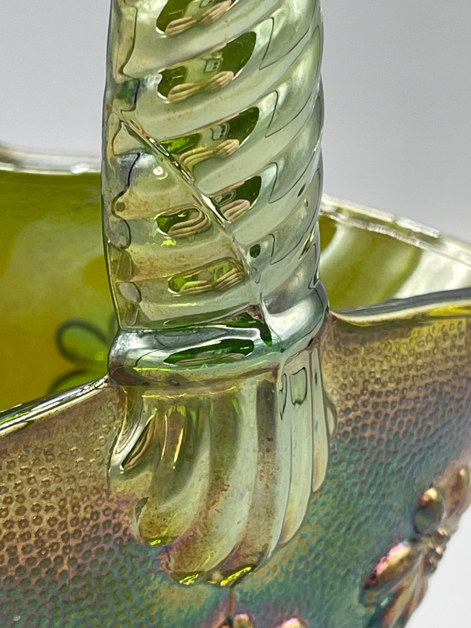 Green Iridescent Glass Basket With Twisted Handle and Floral Design - 4