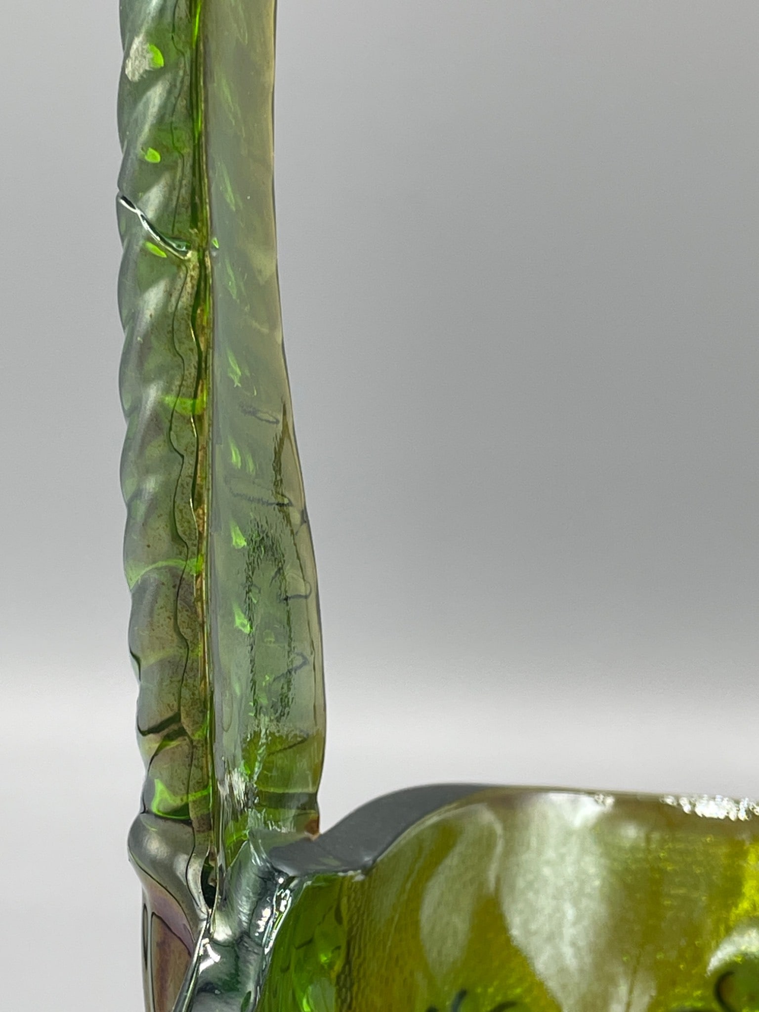 Green Iridescent Glass Basket With Twisted Handle and Floral Design - 6