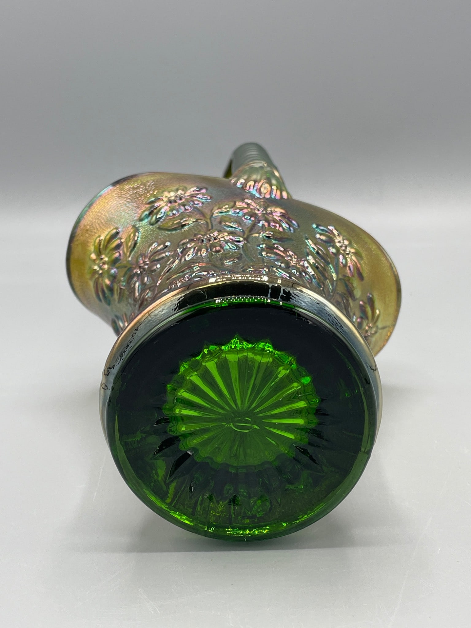 Green Iridescent Glass Basket With Twisted Handle and Floral Design - 7