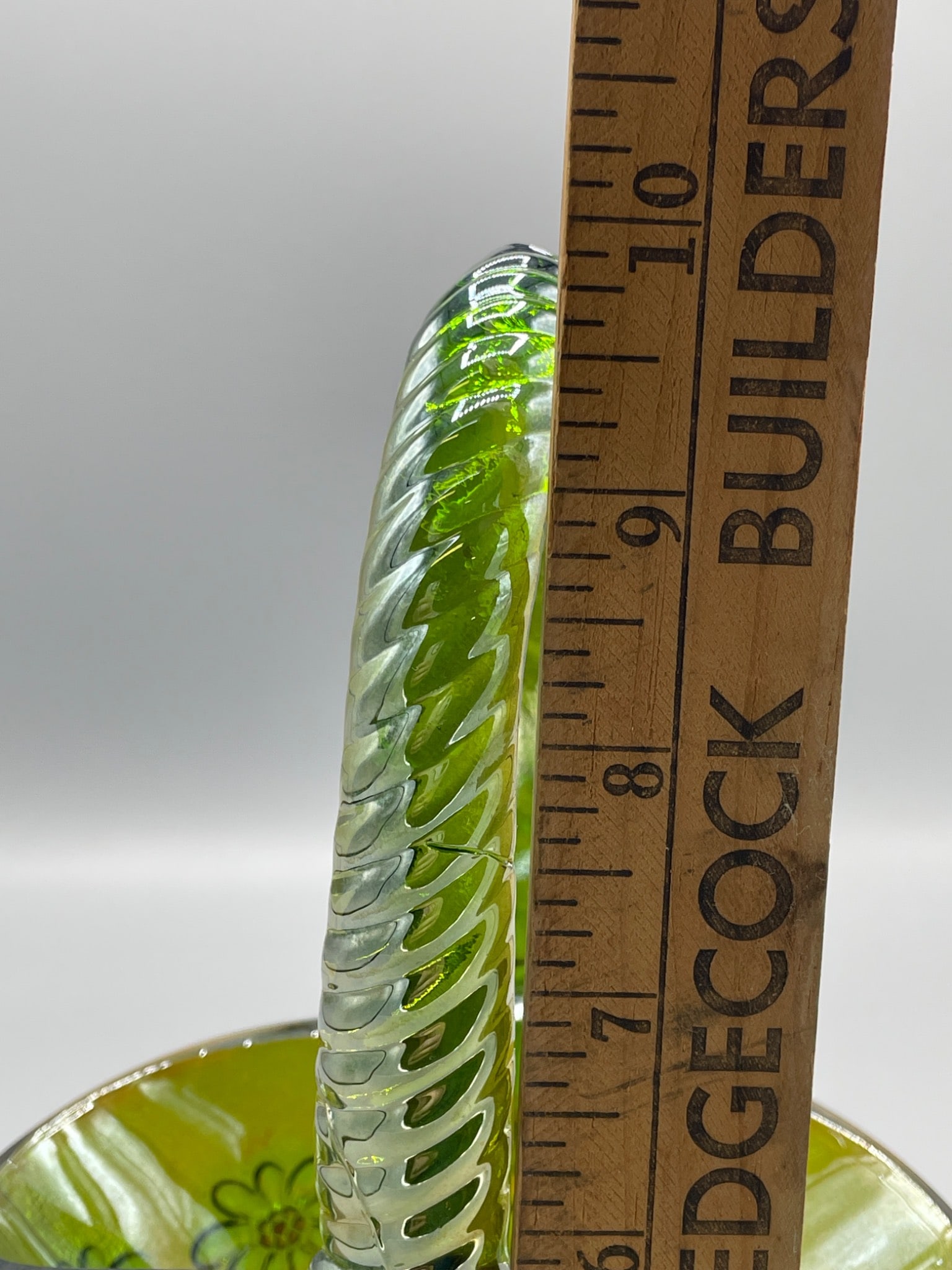 Green Iridescent Glass Basket With Twisted Handle and Floral Design - 8
