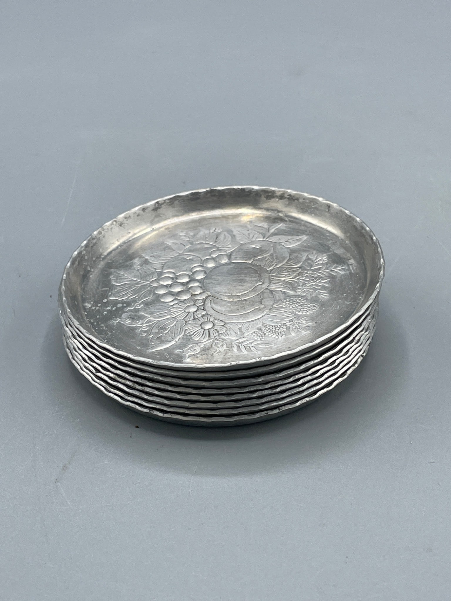 8 Metal Coasters with Floral and Fruit Engravings - 6