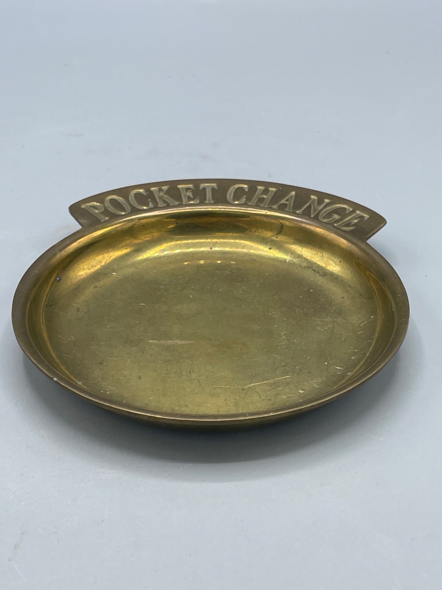 Brass Round Coin Dish Labeled 'Pocket Change' (1 of 4)
