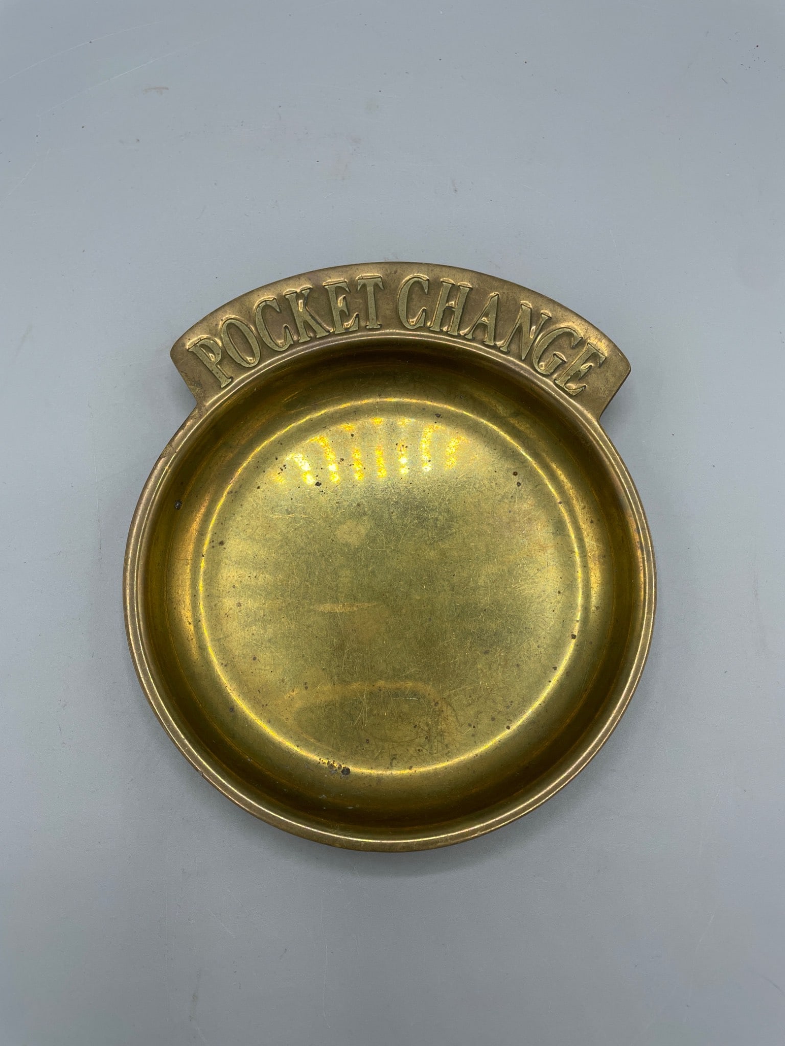 Brass Round Coin Dish Labeled 'Pocket Change' - 2