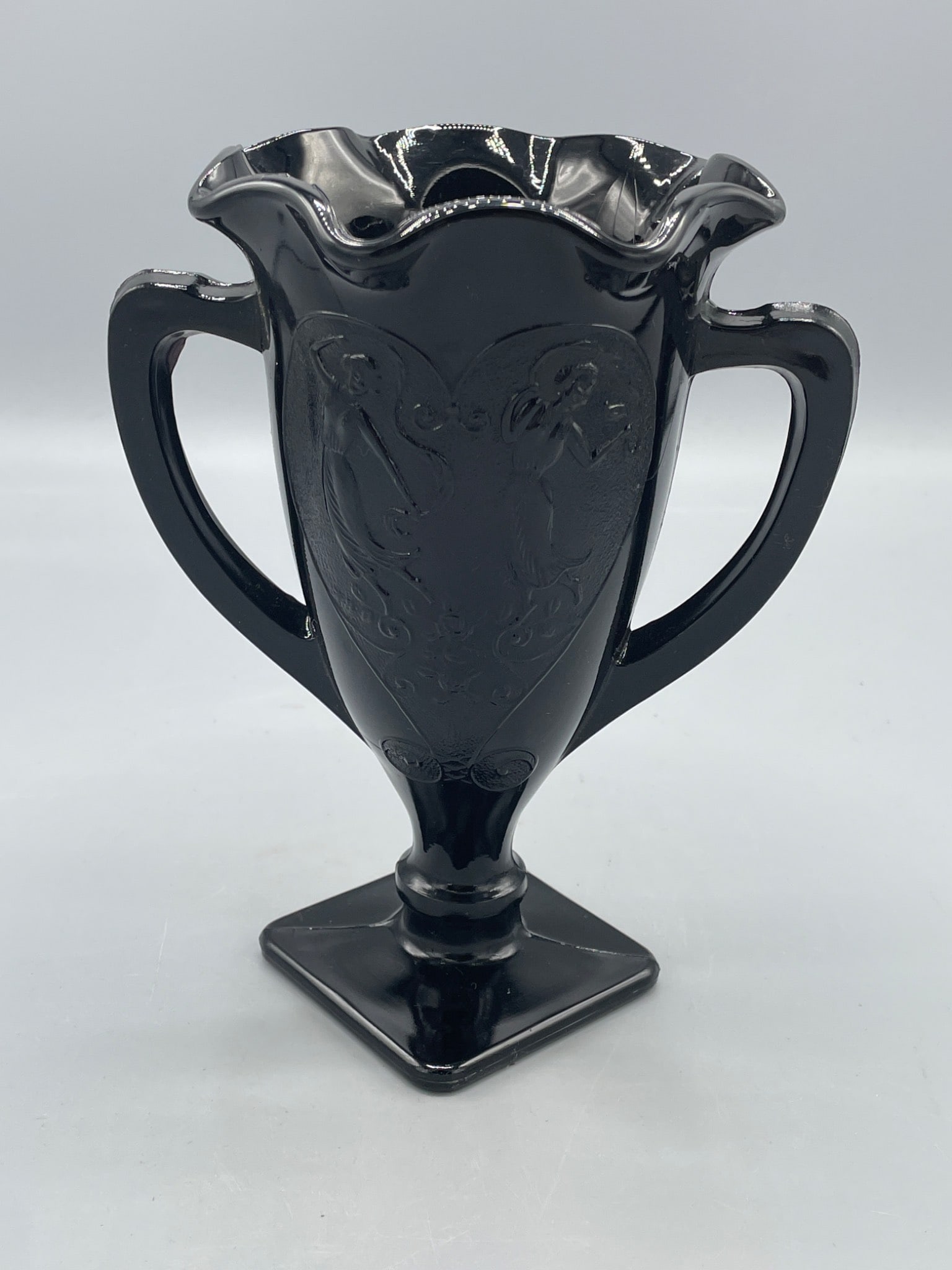 Black Double-Handled Glass Vase With Fluted Rim and Embossed Design (1 of 6)