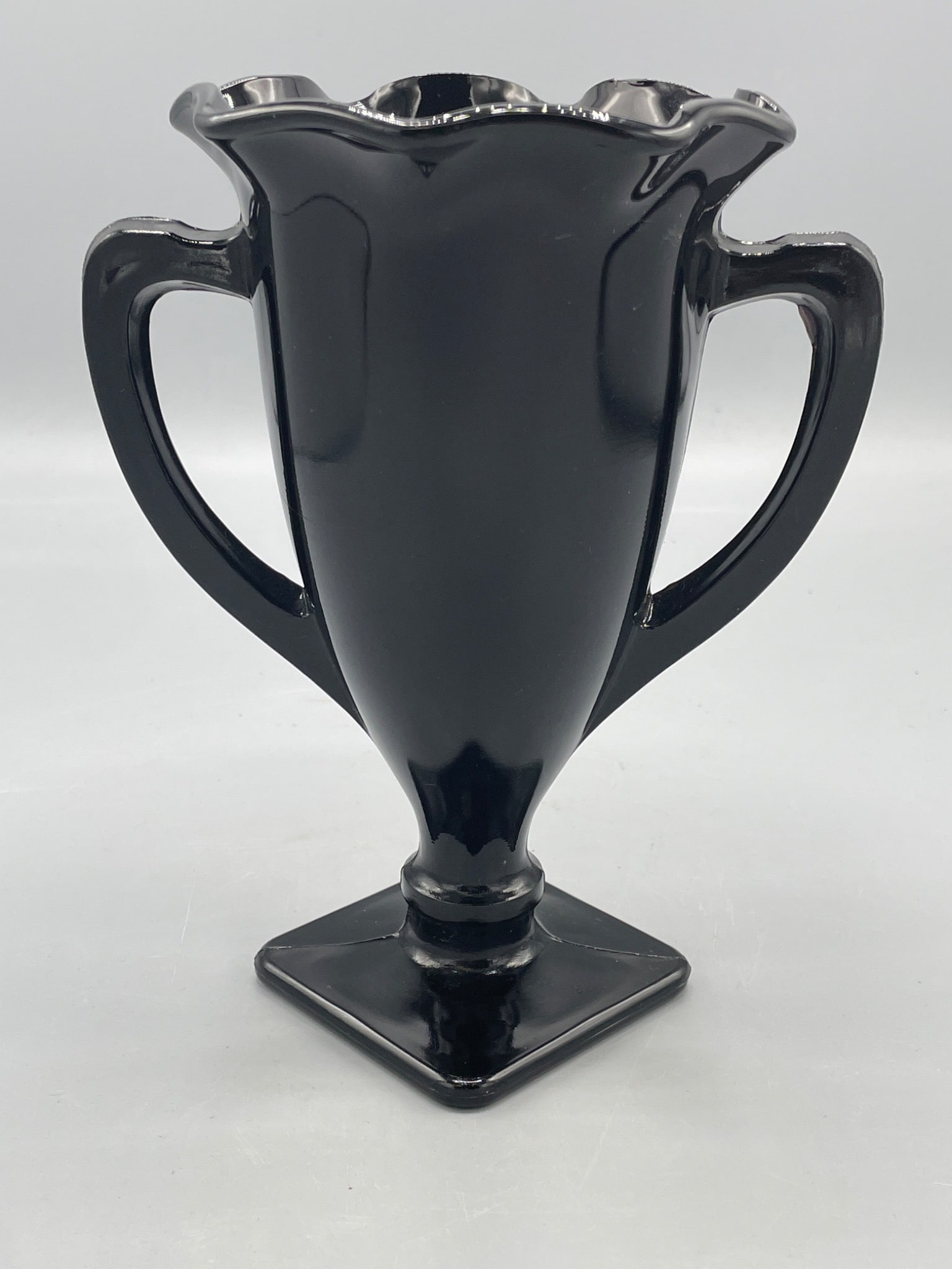 Black Double-Handled Glass Vase With Fluted Rim and Embossed Design - 2