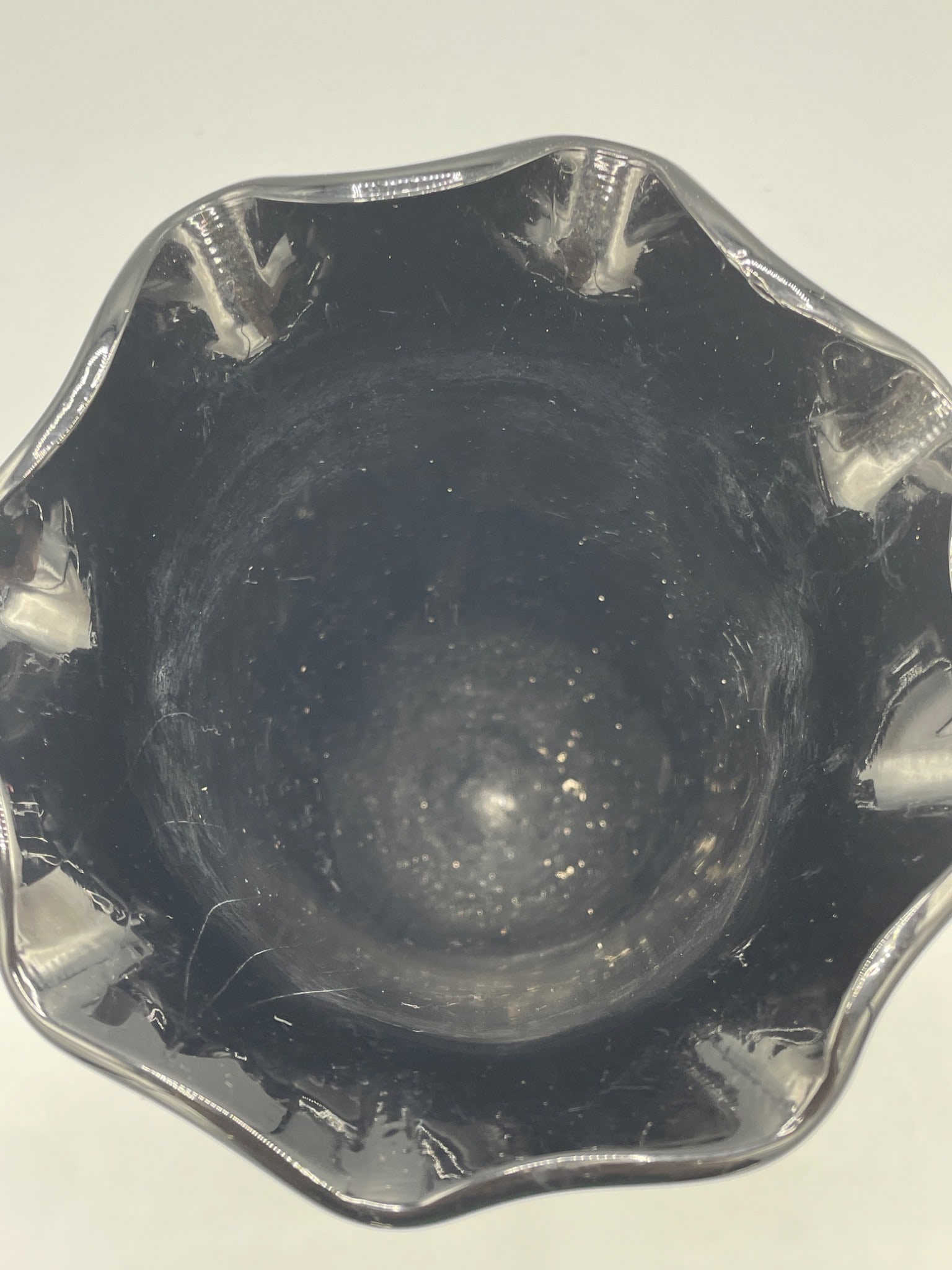 Black Double-Handled Glass Vase With Fluted Rim and Embossed Design - 4