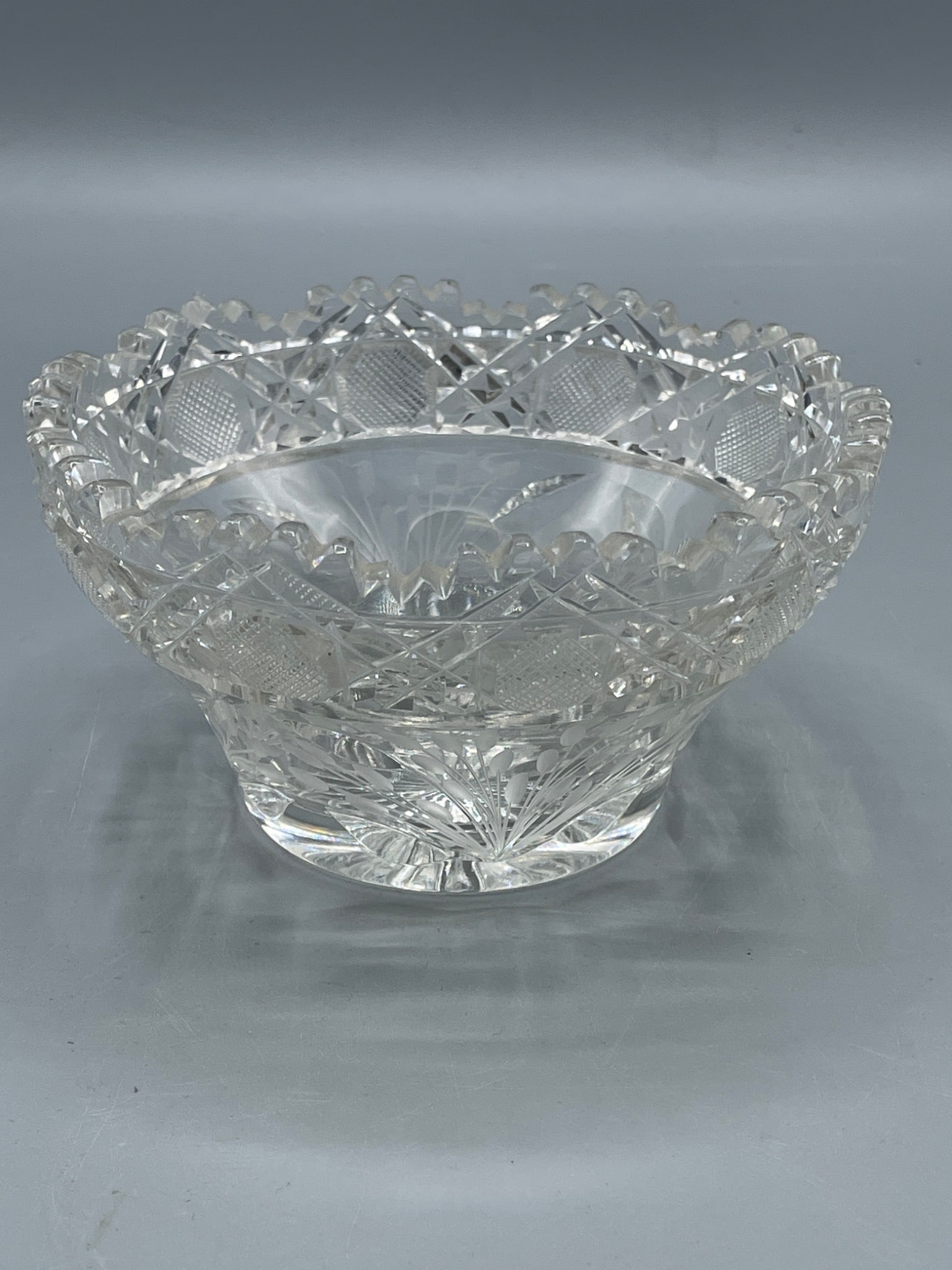 Cut Glass Crystal Bowl with Sawtooth Rim and Starburst Base (1 of 5)