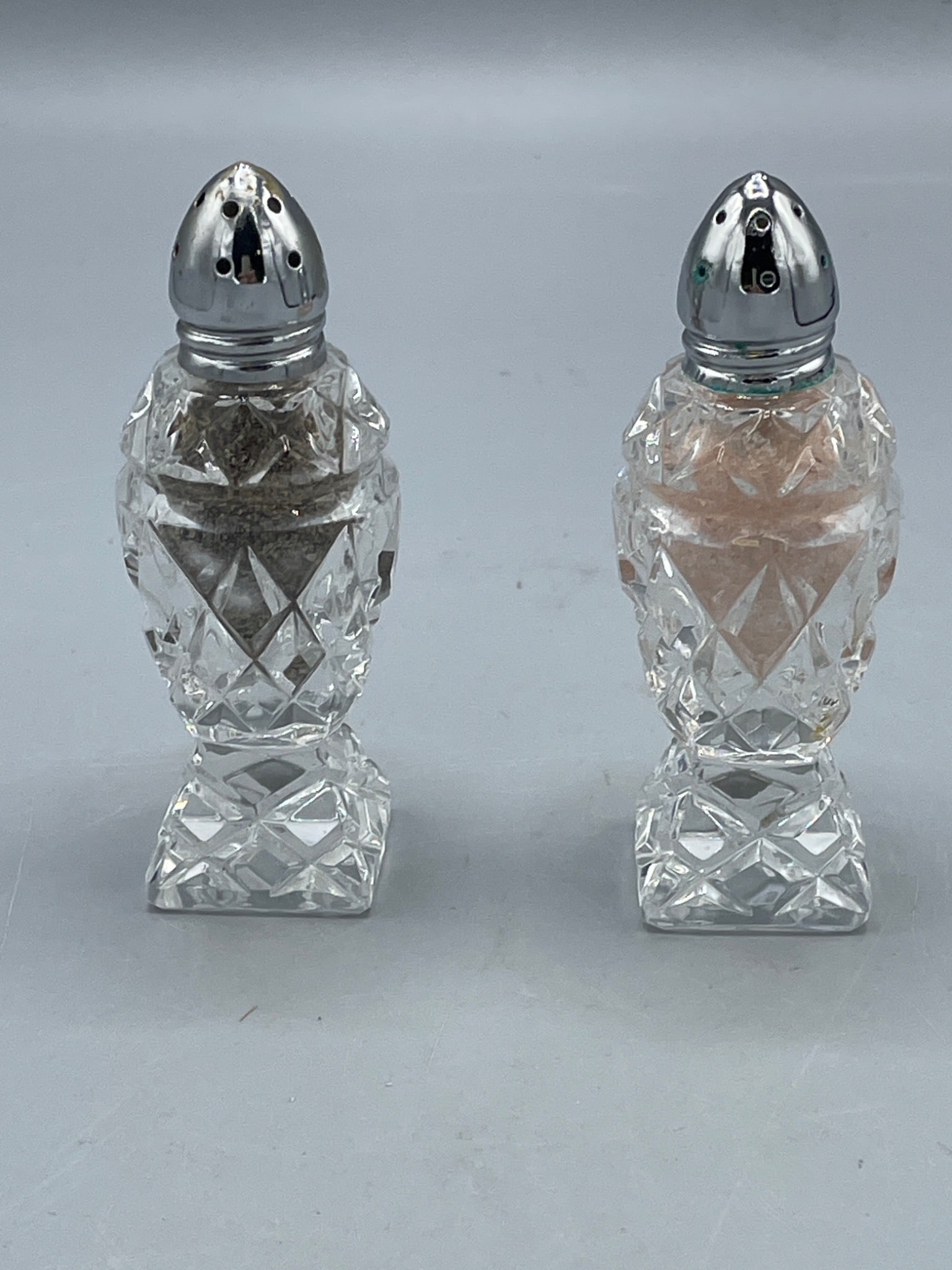 Clear Diamond-Cut Glass Salt and Pepper Shakers with Chrome Lids - 2