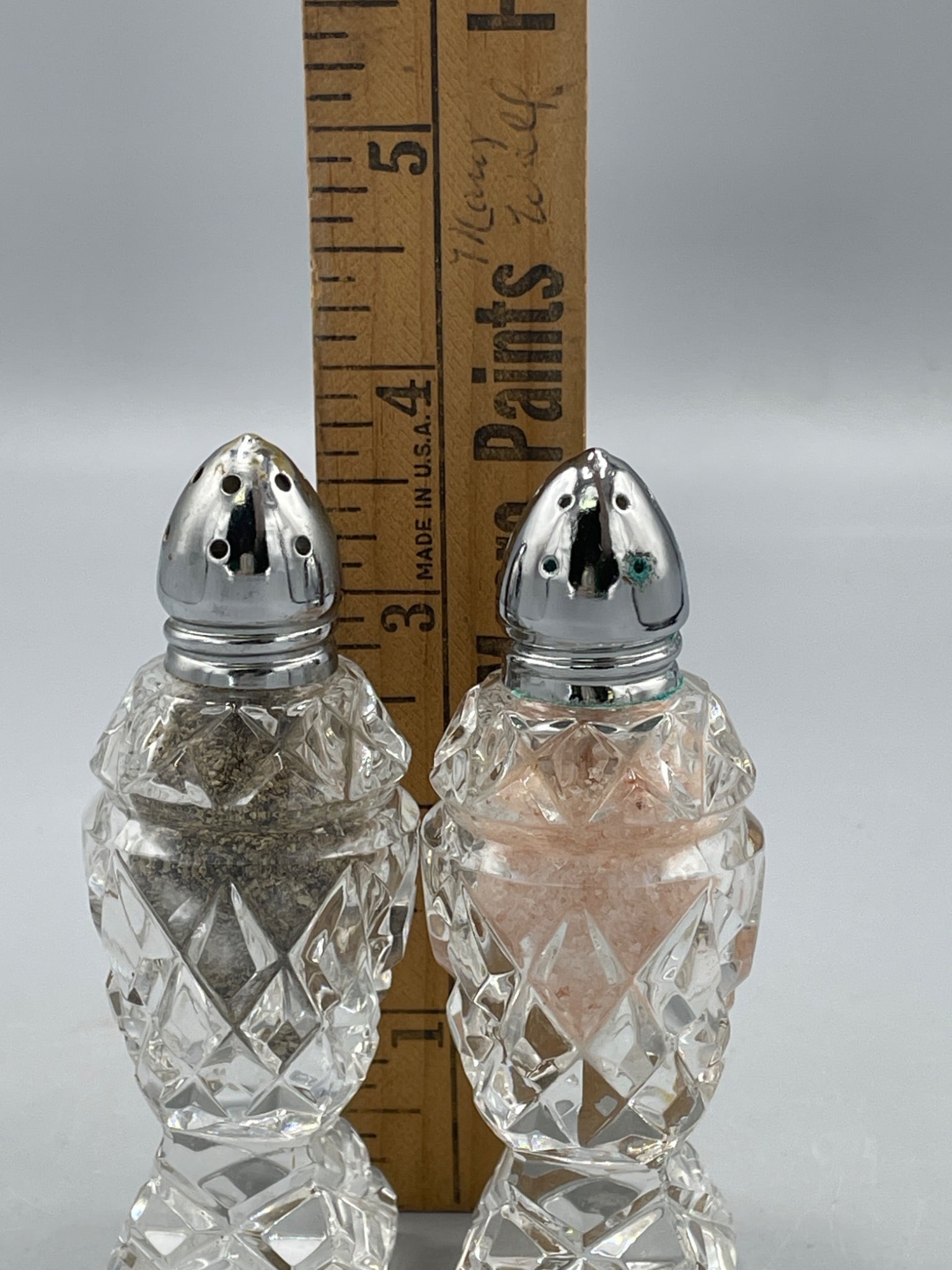 Clear Diamond-Cut Glass Salt and Pepper Shakers with Chrome Lids - 5