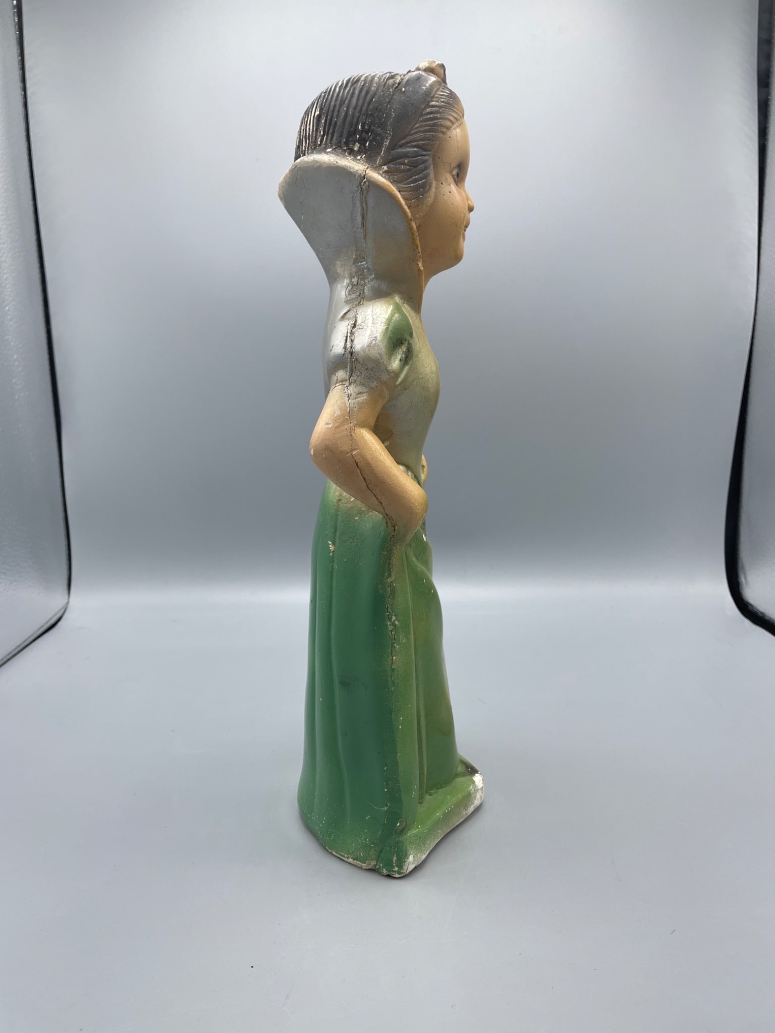 antique Chalkware Figurine Of Snow White In Green Dress, 13 Inches - 2