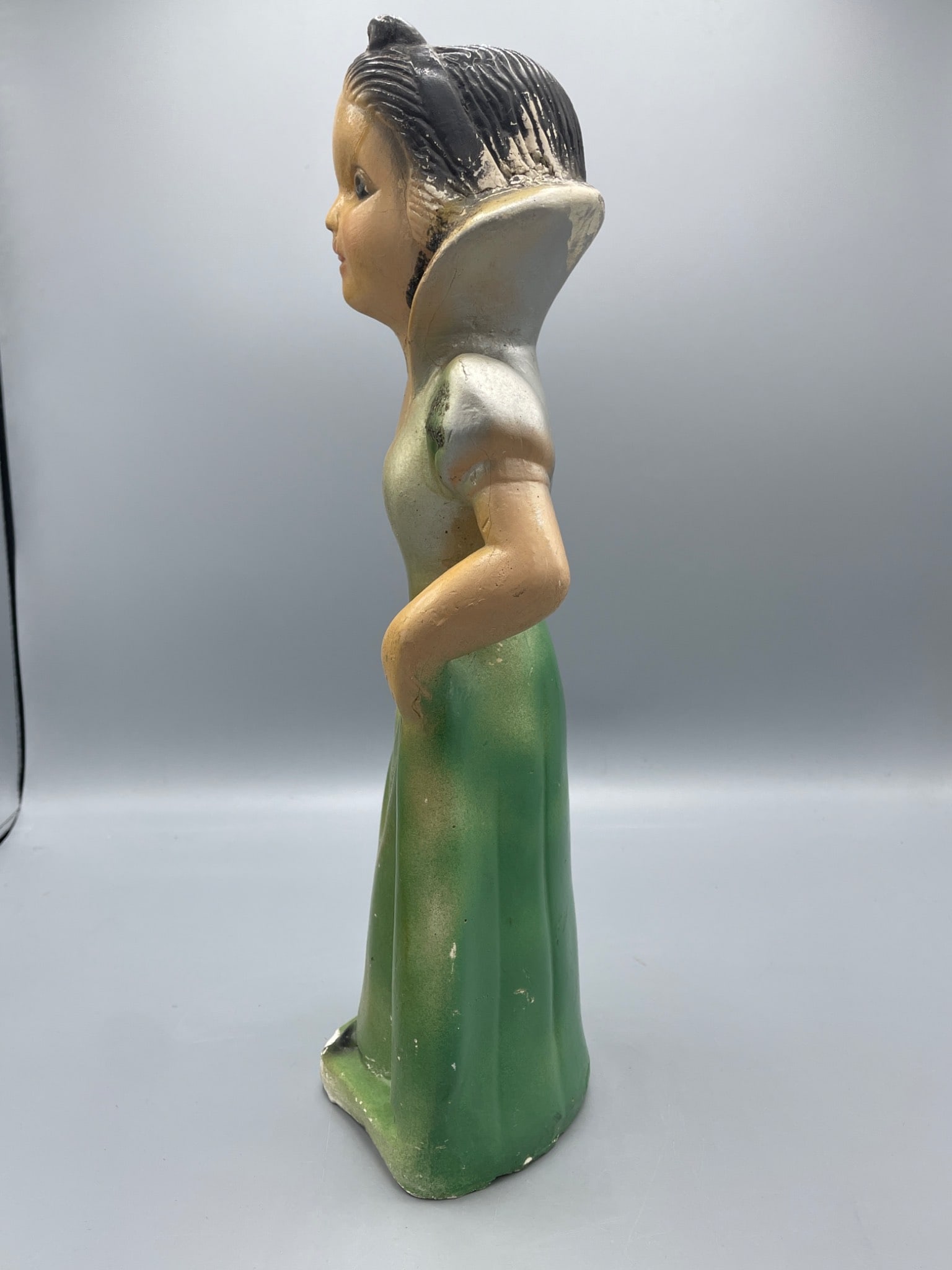 antique Chalkware Figurine Of Snow White In Green Dress, 13 Inches - 4