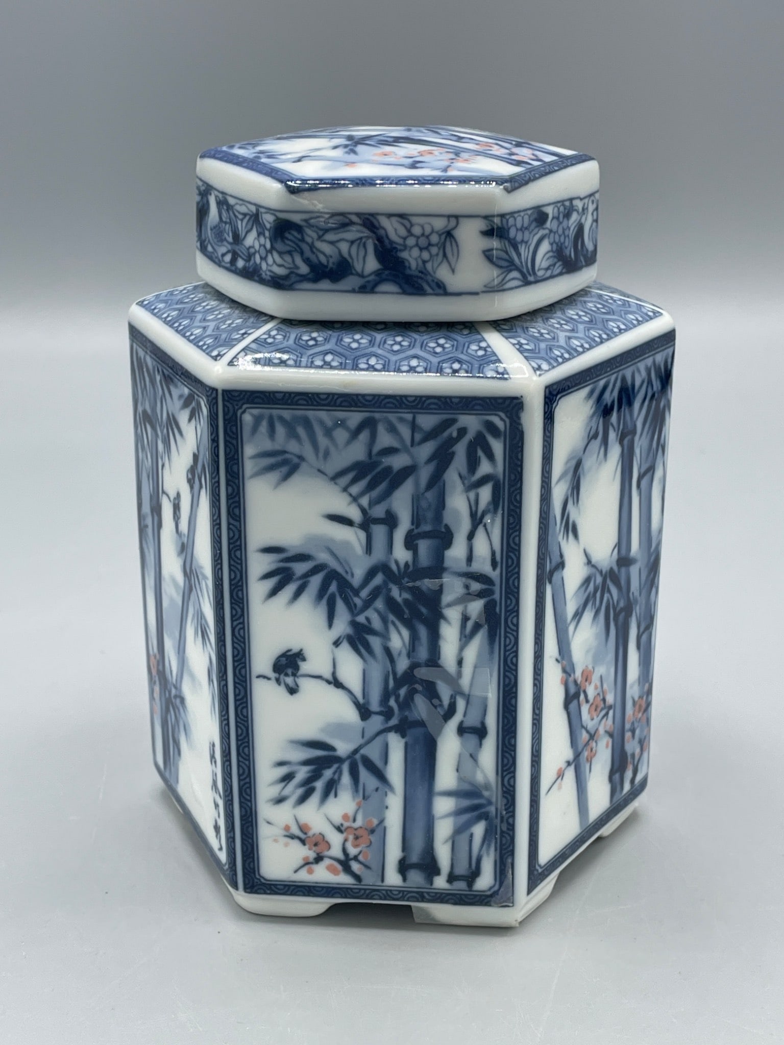 Hexagonal Ceramic Jar with Lid, Blue and White, Bamboo Design, Made in Japan (1 of 7)