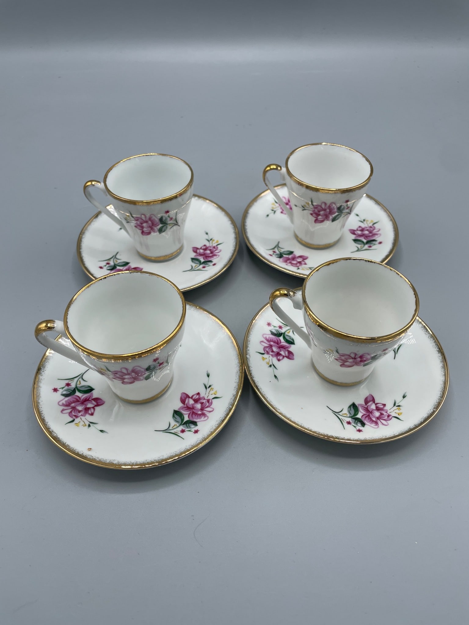 Four Porcelain Demitasse Cups and Saucers with Floral and Gold Trim - 3