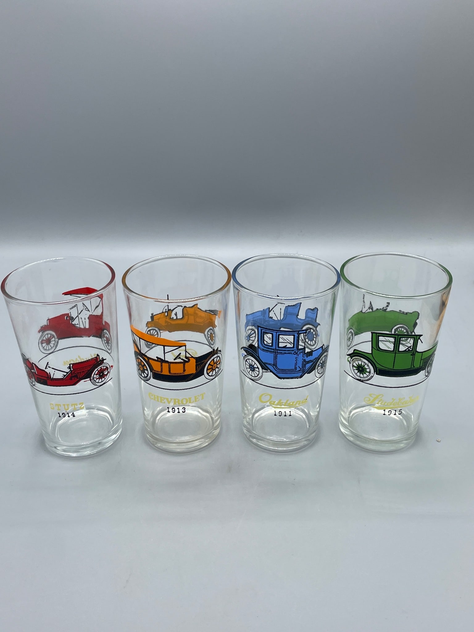 4 Clear Glass Tumblers with Vintage Cars from 1908-1915 (1 of 7)