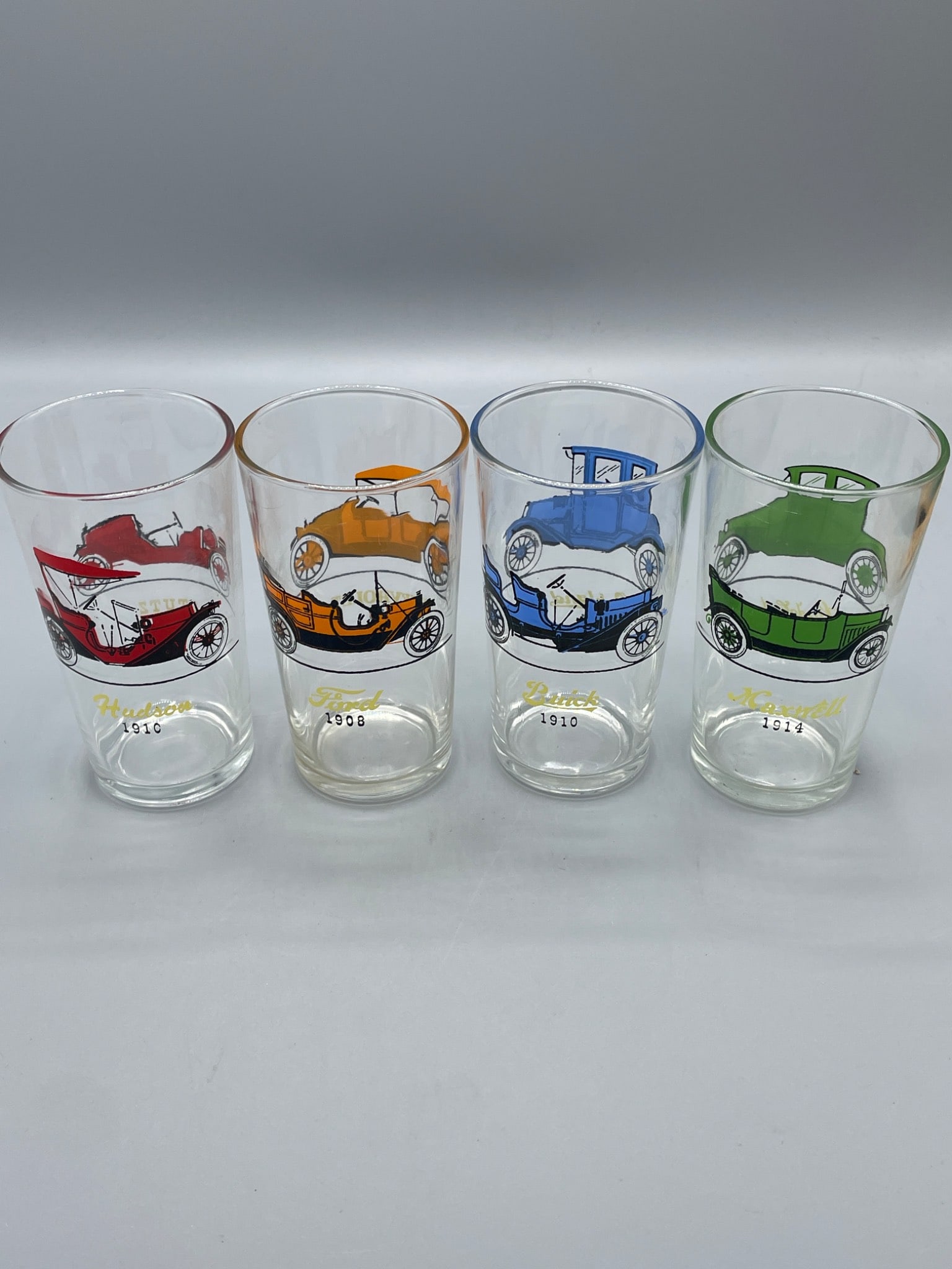4 Clear Glass Tumblers with Vintage Cars from 1908-1915 - 2