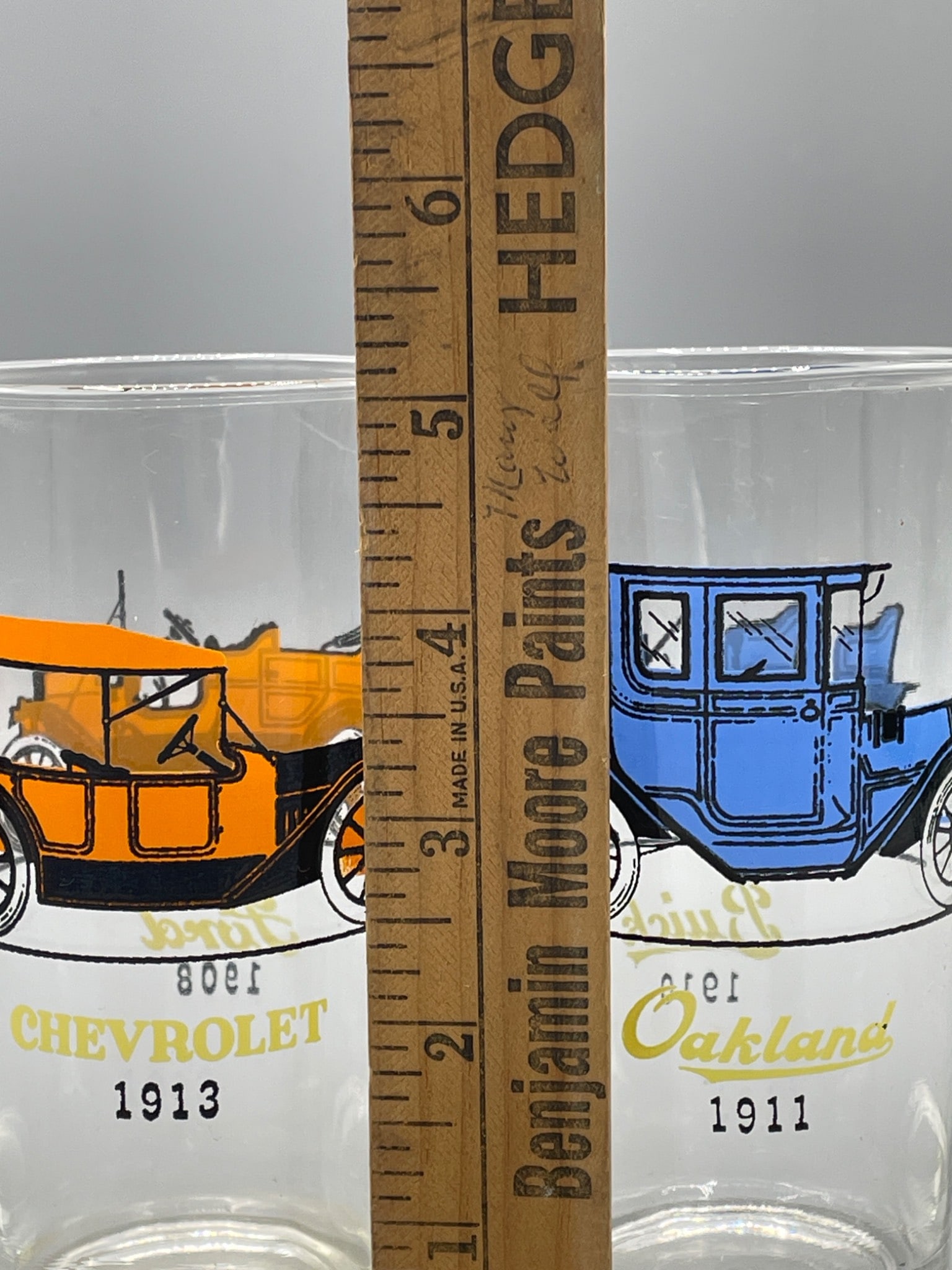 4 Clear Glass Tumblers with Vintage Cars from 1908-1915 - 7