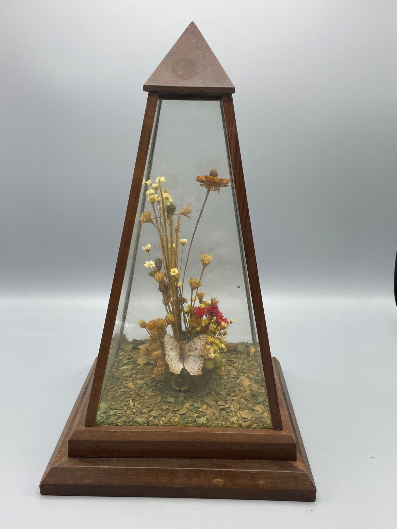 Wooden Pyramid Glass Display Case With Dried Flowers (1 of 6)