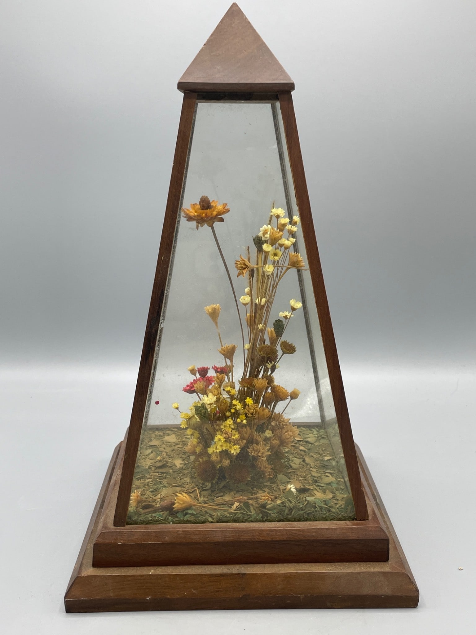 Wooden Pyramid Glass Display Case With Dried Flowers - 2