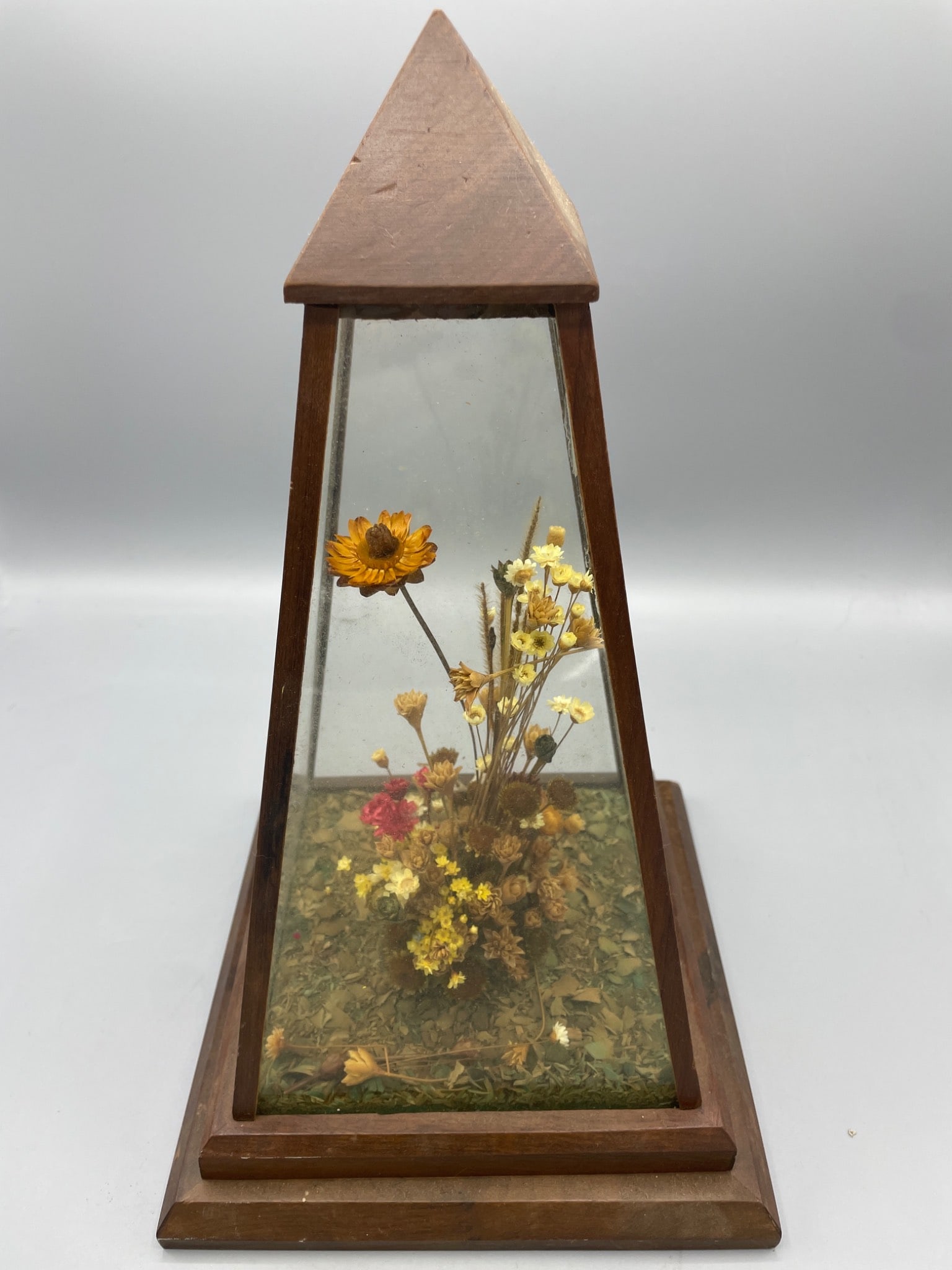 Wooden Pyramid Glass Display Case With Dried Flowers - 3