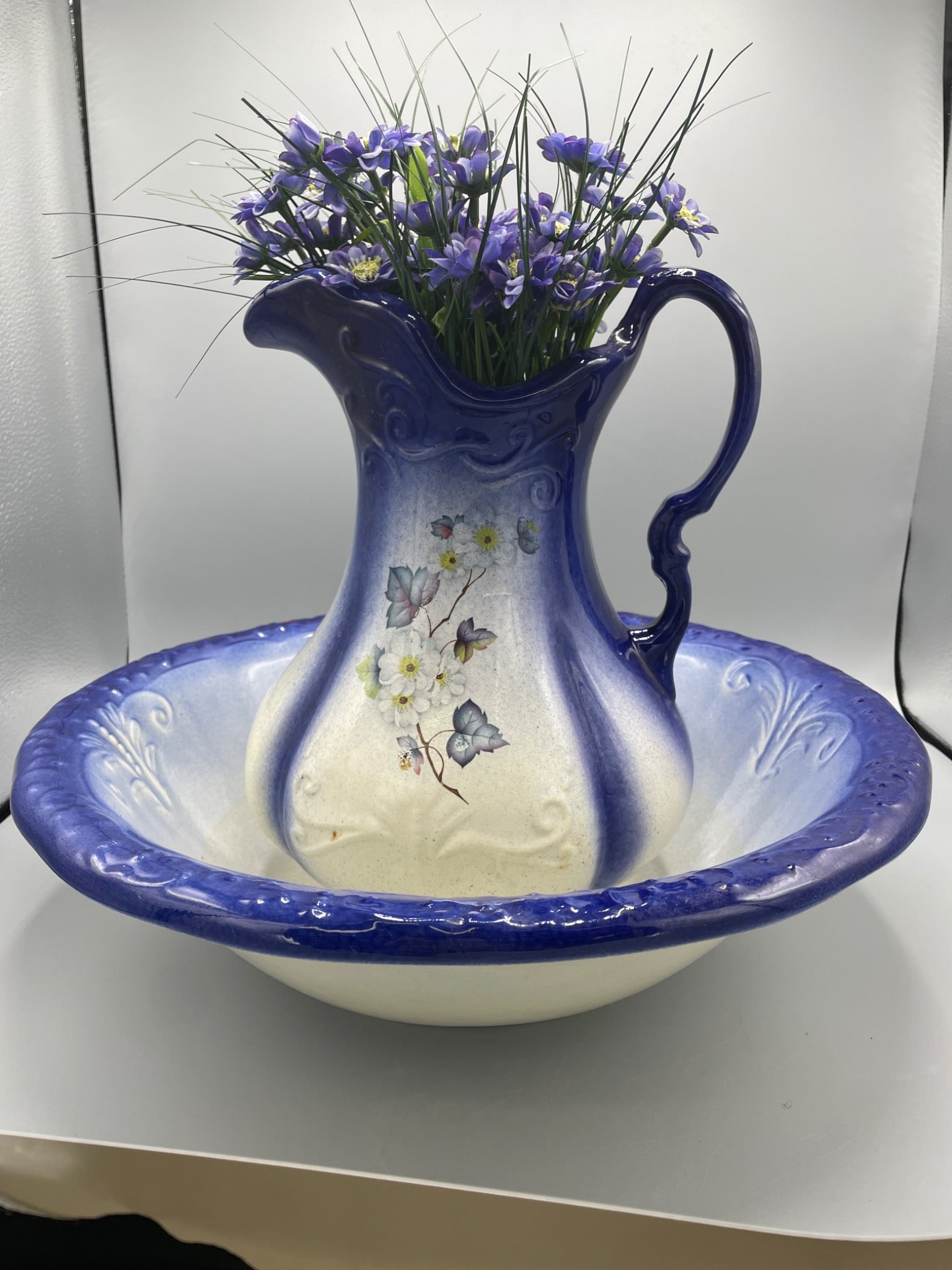 Blue and White Ceramic Pitcher With Basin Featuring Floral Design (1 of 3)