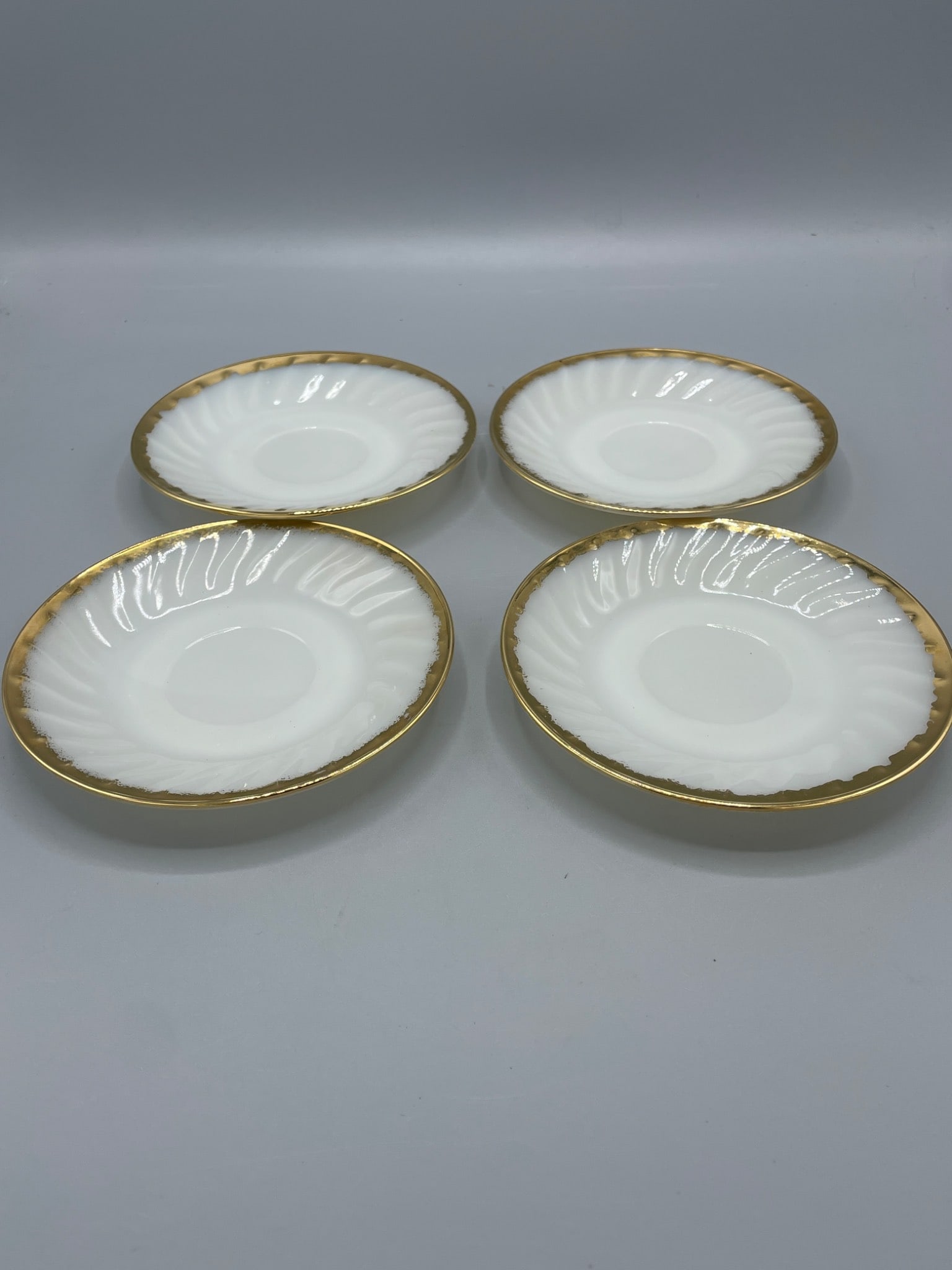 Four Fire-King Oven Ware Swirl White Milk Glass Plates with Gold Trim (1 of 5)