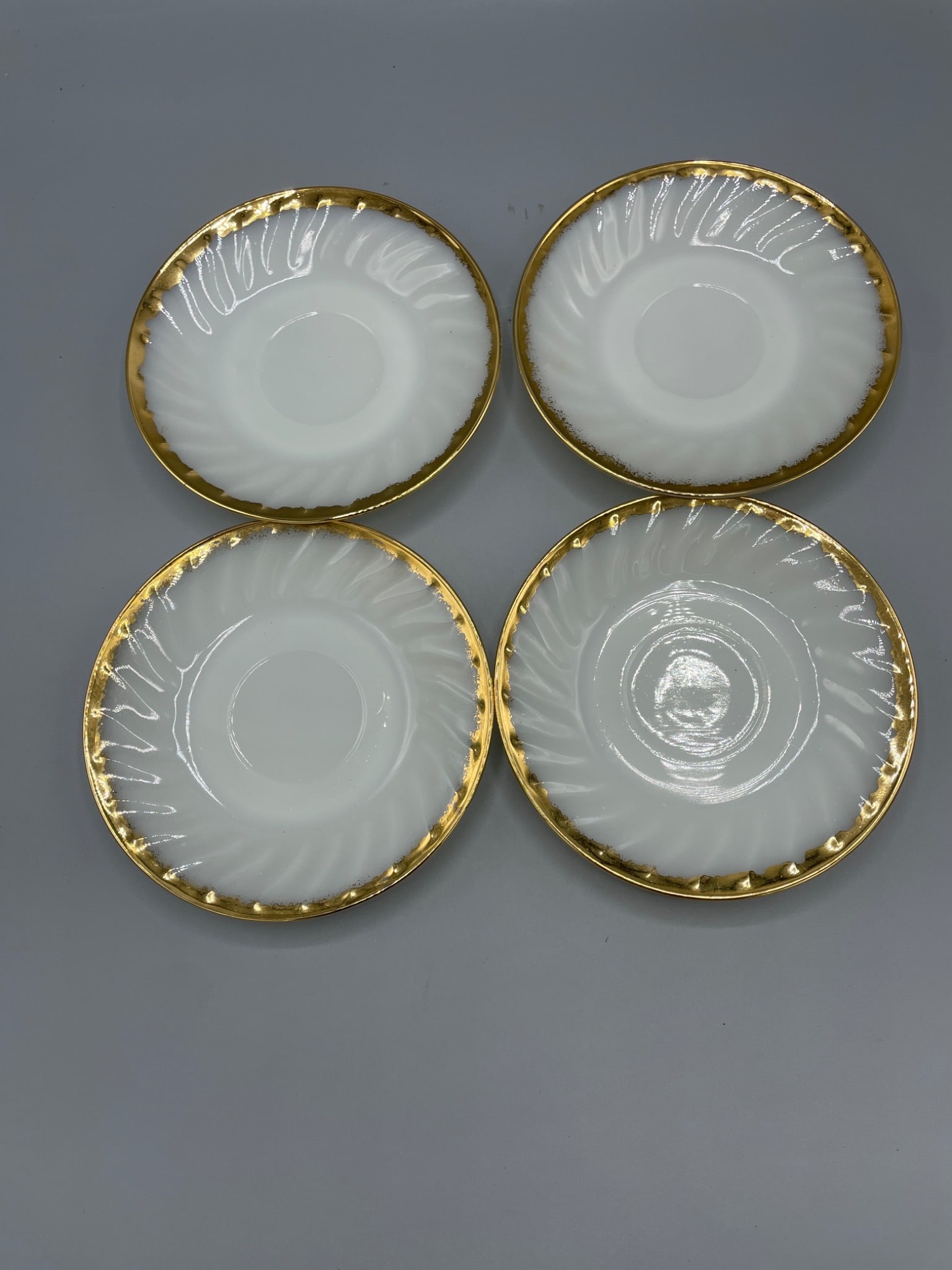 Four Fire-King Oven Ware Swirl White Milk Glass Plates with Gold Trim - 2