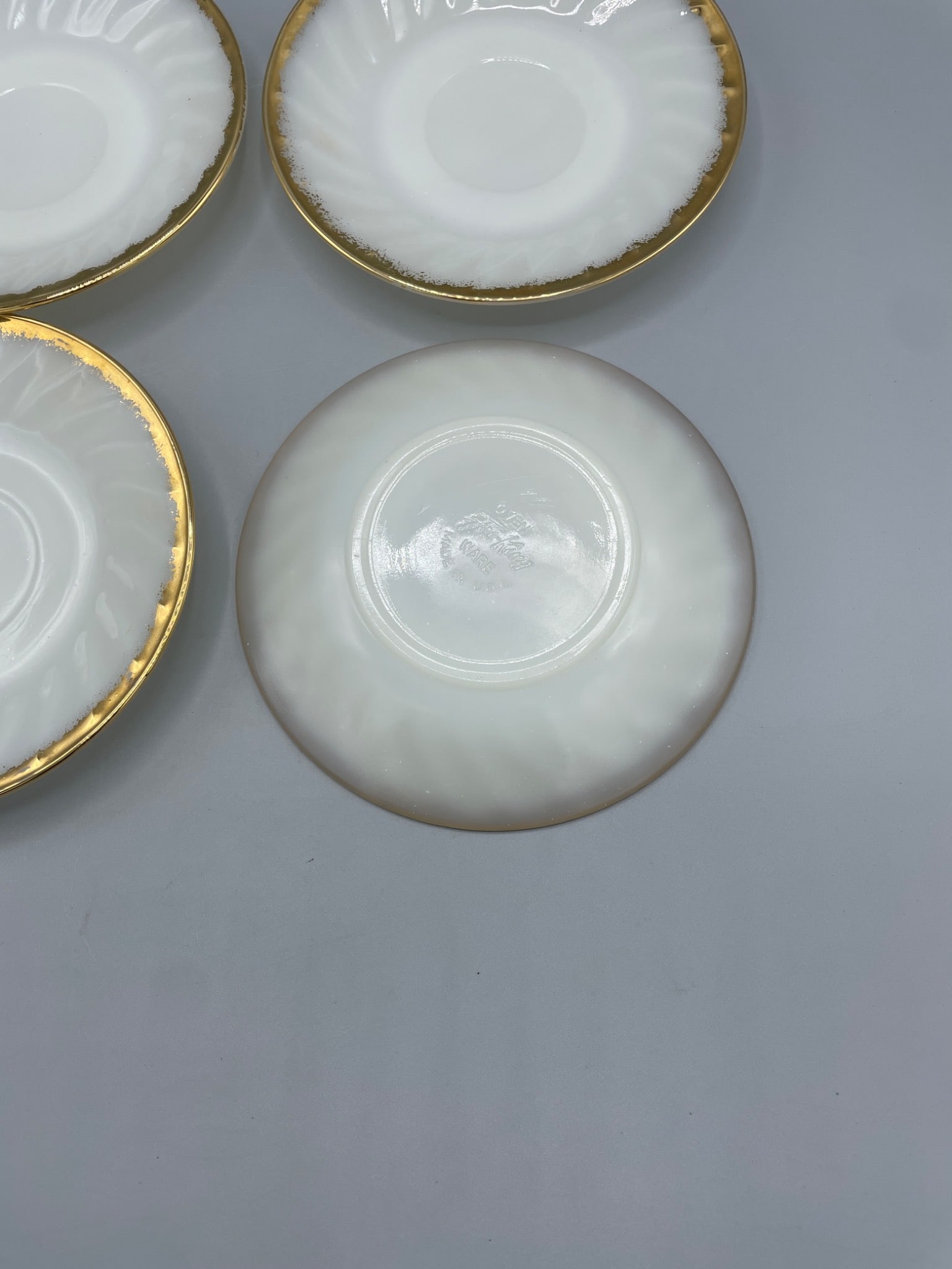 Four Fire-King Oven Ware Swirl White Milk Glass Plates with Gold Trim - 3
