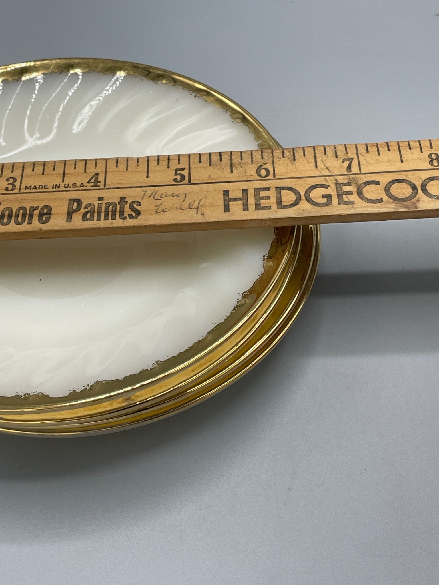 Four Fire-King Oven Ware Swirl White Milk Glass Plates with Gold Trim - 5