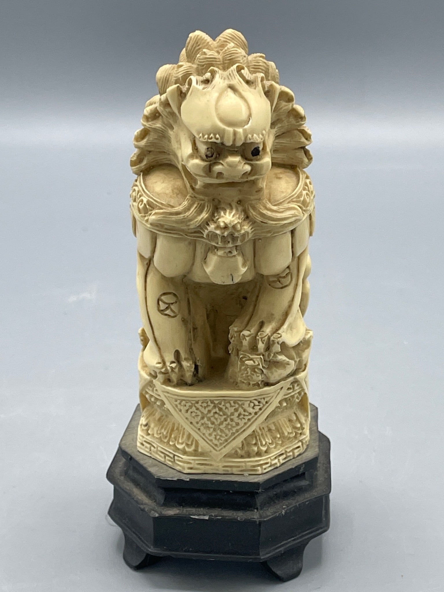 Carved Figurine of a Guardian Lion on Wooden Base, 5.5 Inches Tall (1 of 6)
