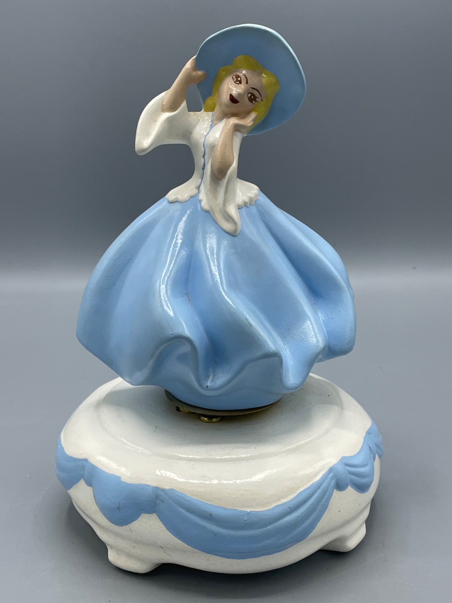 Music Box Figurine Featuring Spinning Woman in Blue Dress With Hat (1 of 5)