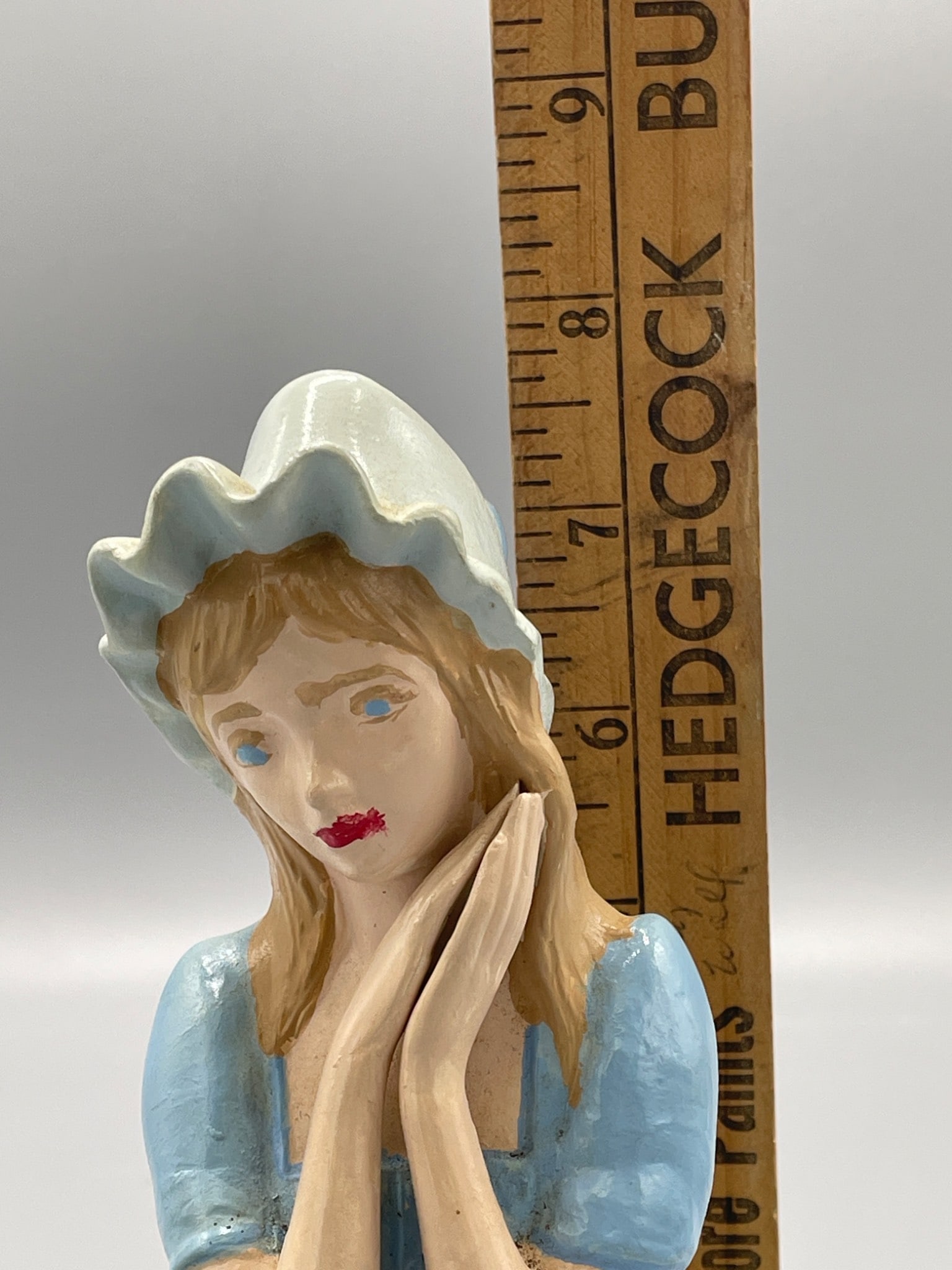 Hand-Painted Ceramic Figurine of Woman With Bonnet and Cat on Rock Formation - 6