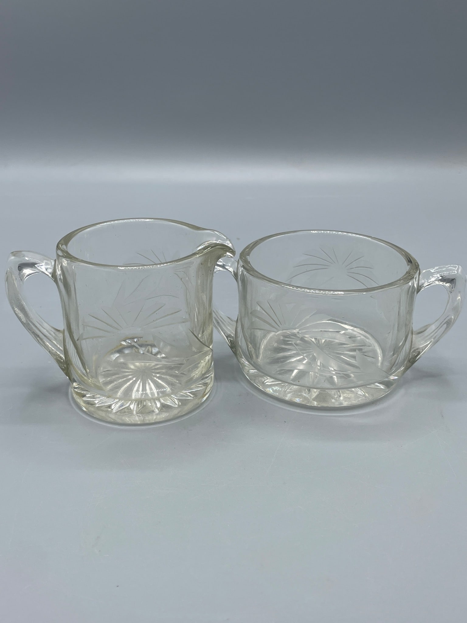 Clear Glass Creamer and Sugar Bowl Set With Etched Floral Design - 3