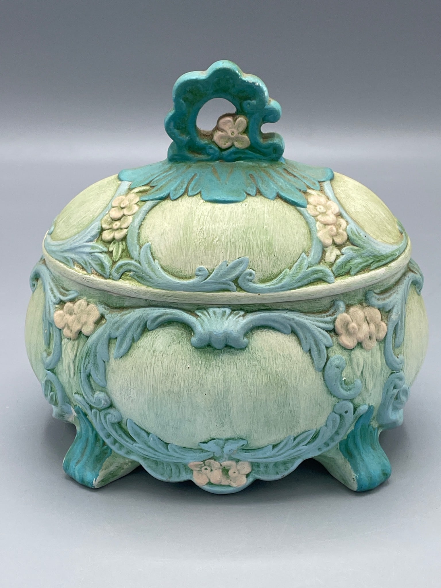 Lidded Ceramic Footed Dish Signed 'Ynette 74' With Floral Relief (1 of 6)