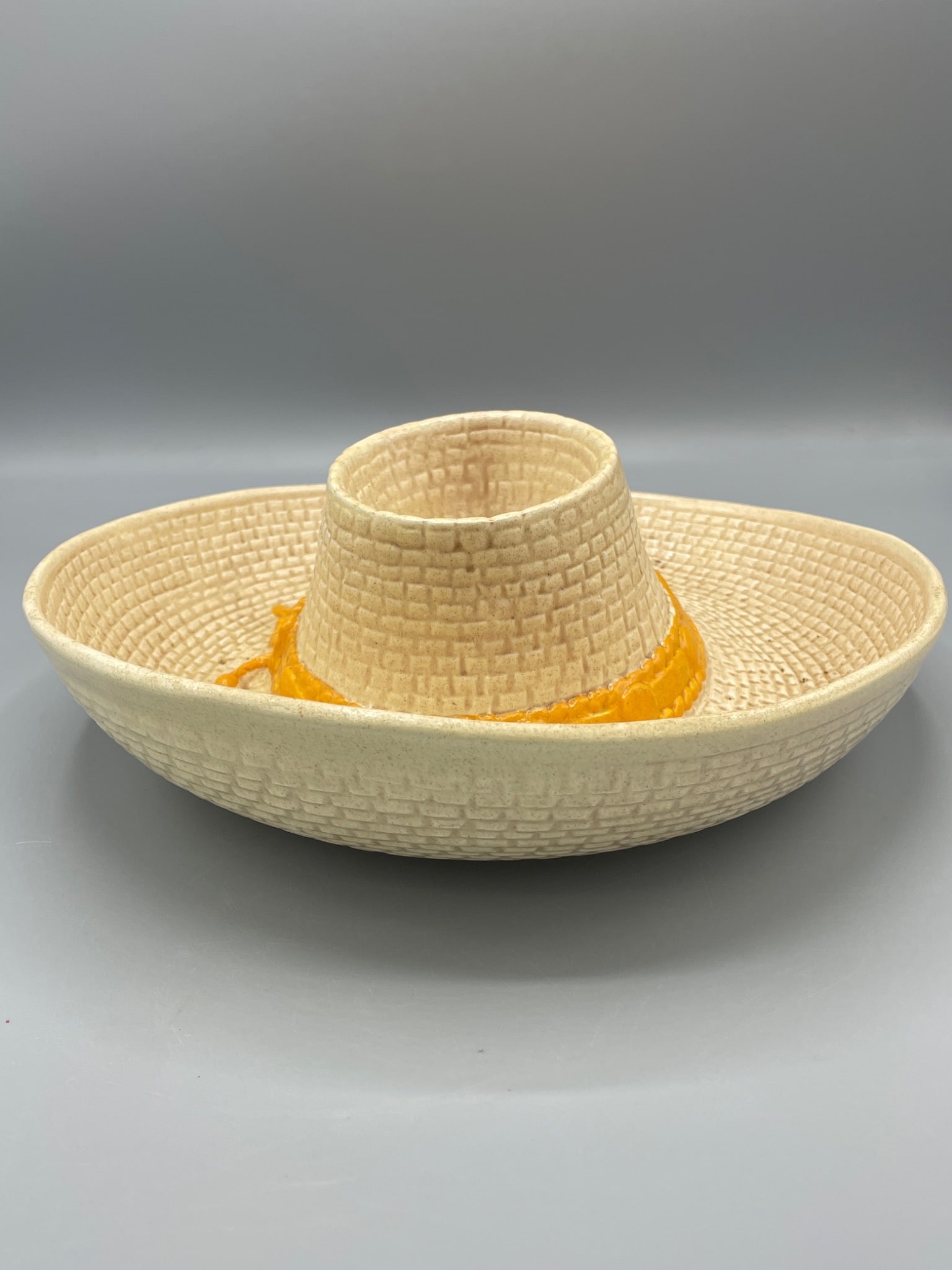 Ceramic Chip and Dip Bowl Hat Shaped, Marked 1986 Made in USA - 2