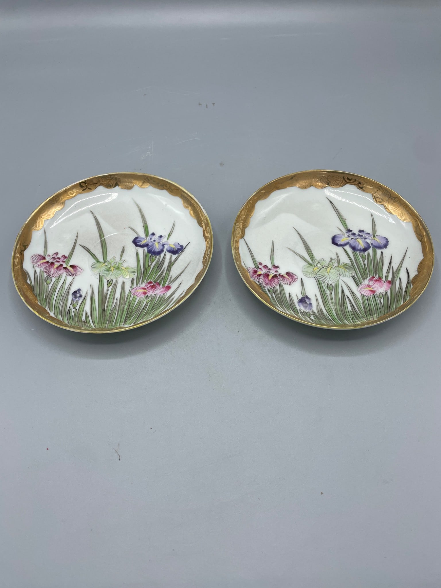 Two Floral-Design Plates with Gold Rims and Hand-Painted Details: Two matching porcelain plates featuring hand-painted floral designs with gold-finished edges. Each plate measures approximately 6 inches in diameter. Marked on the base with a red character. Both
