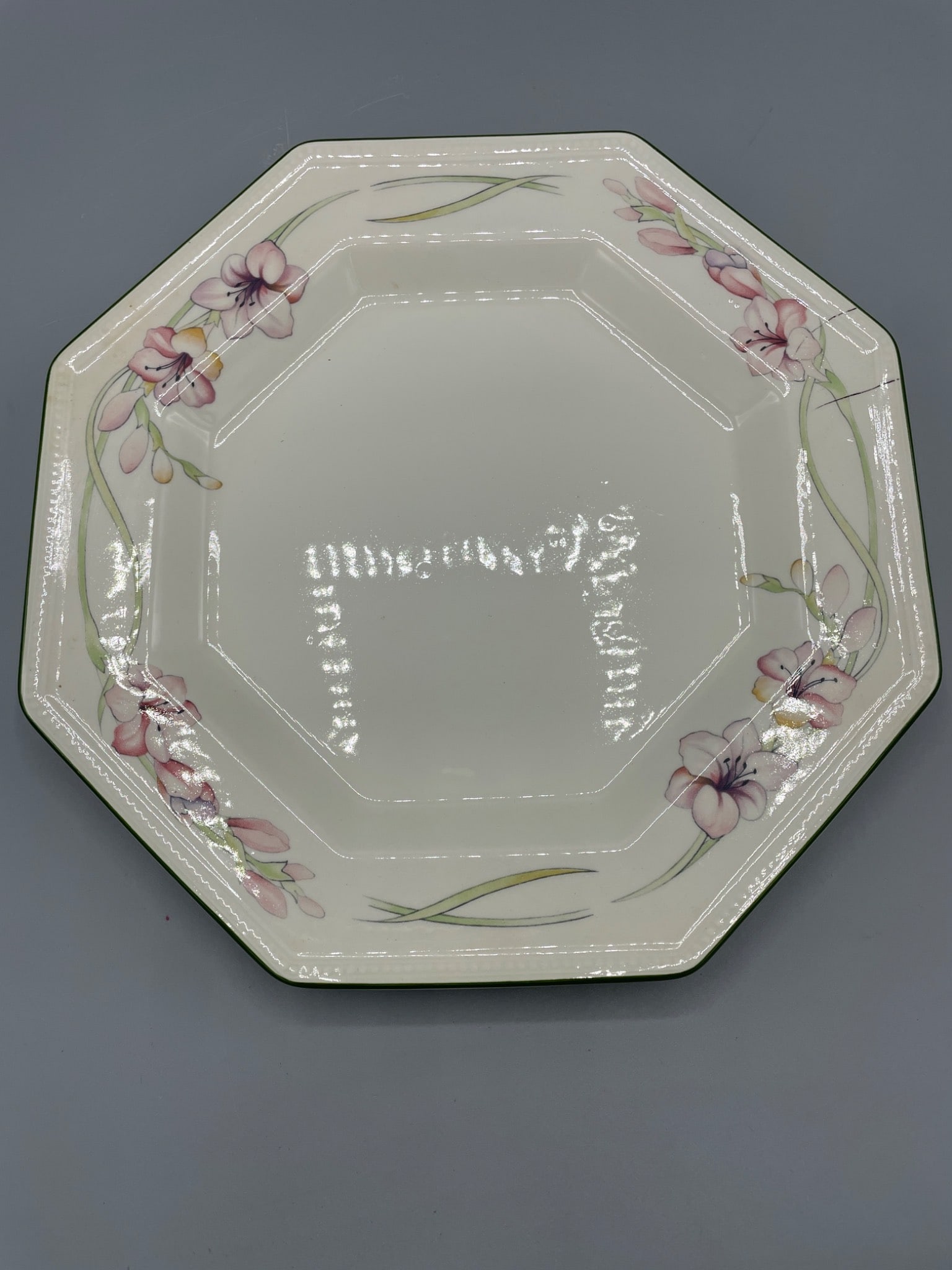 Johnson Brothers Sandringham Octagonal Plate with Floral Design, 10 Inches: This is a Johnson Brothers 'Sandringham' plate made in England, featuring an octagonal shape and floral decoration under the glaze. The plate is microwave and dishwasher safe and measures