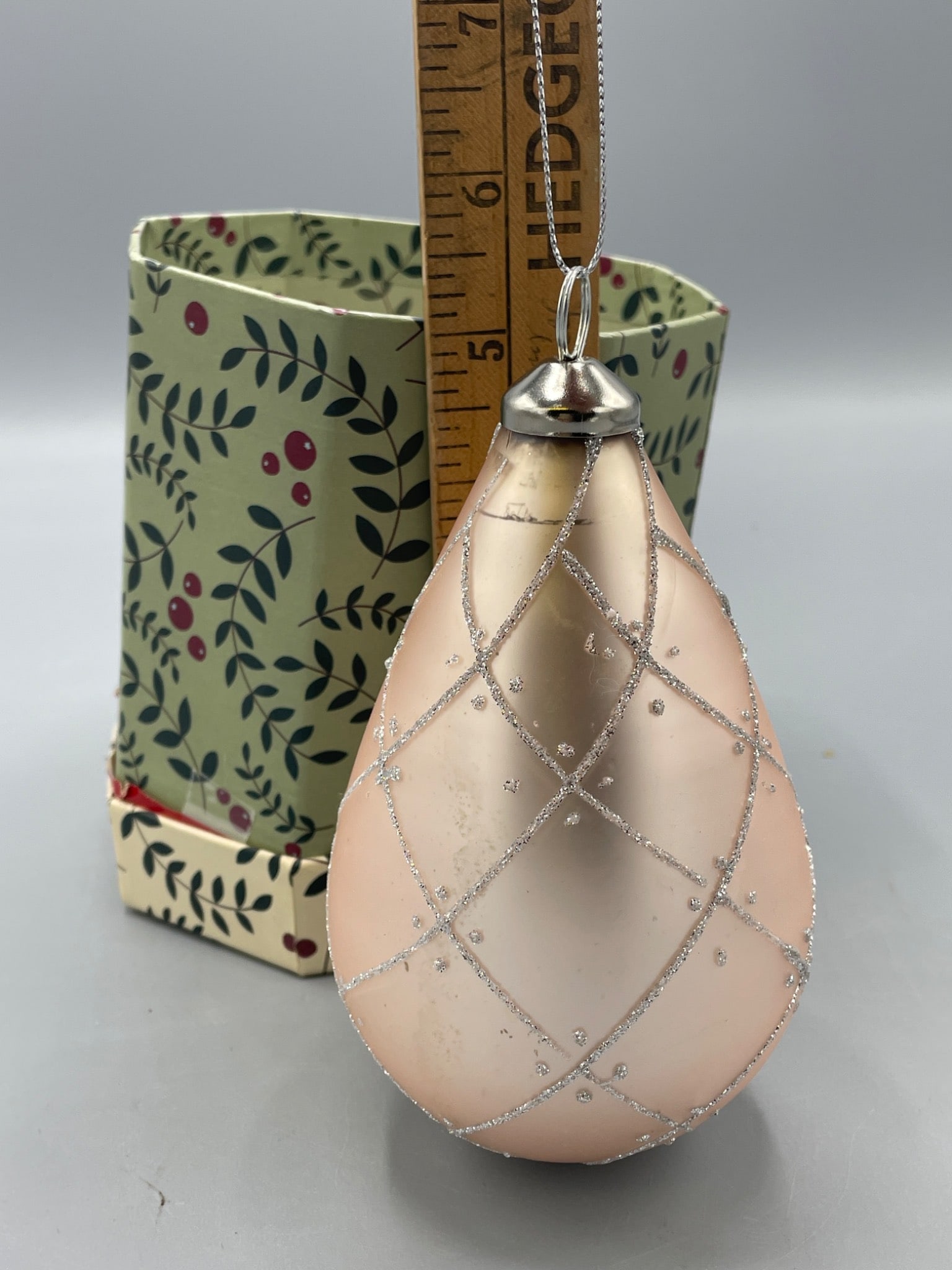 Glass Teardrop Ornament with Box and Glittered Diamond Pattern - 3