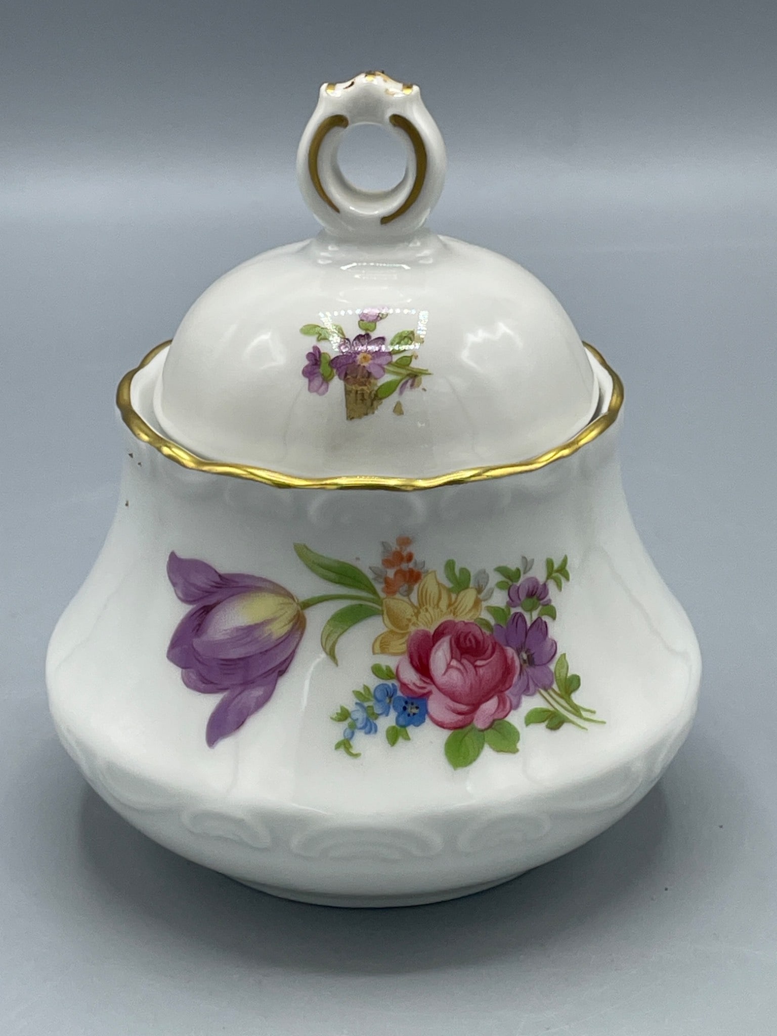 House of Goebel German Porcelain Lidded Dish with Floral Design and Gold Trim (1 of 6)